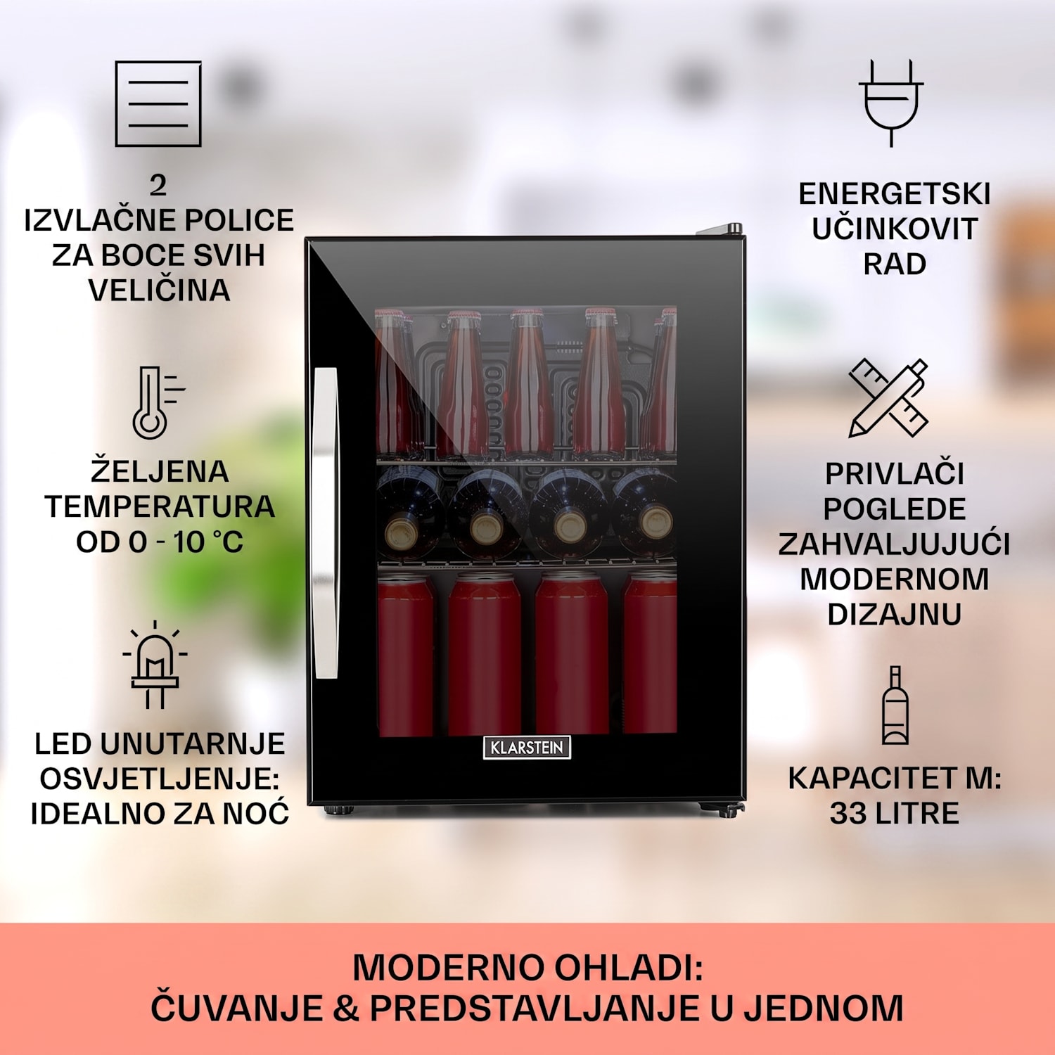 Beersafe M Onyx, hladnjak, C, LED, 2 metalne rešetkaste police, staklena vrata, onyx 33 L | Crna