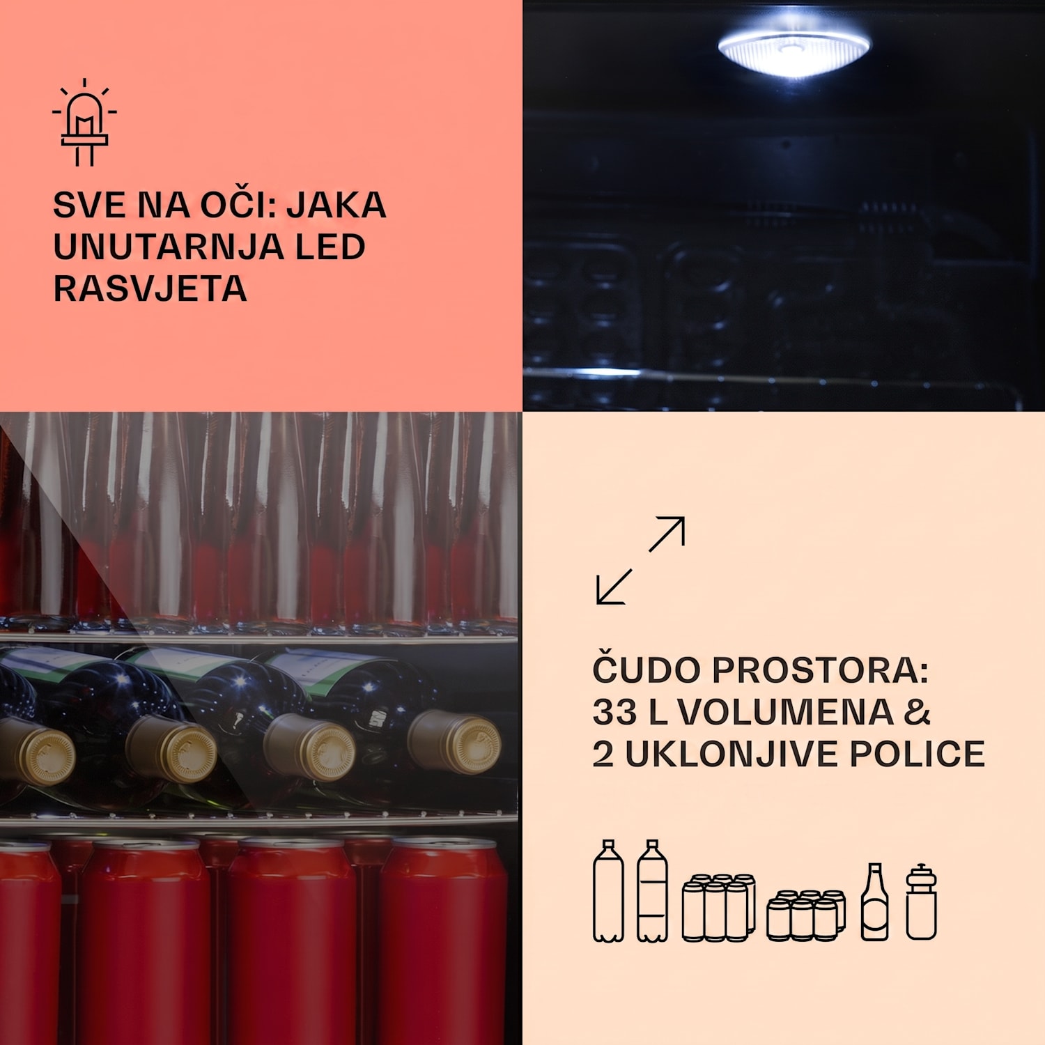 Beersafe M Onyx, hladnjak, C, LED, 2 metalne rešetkaste police, staklena vrata, onyx 33 L | Crna