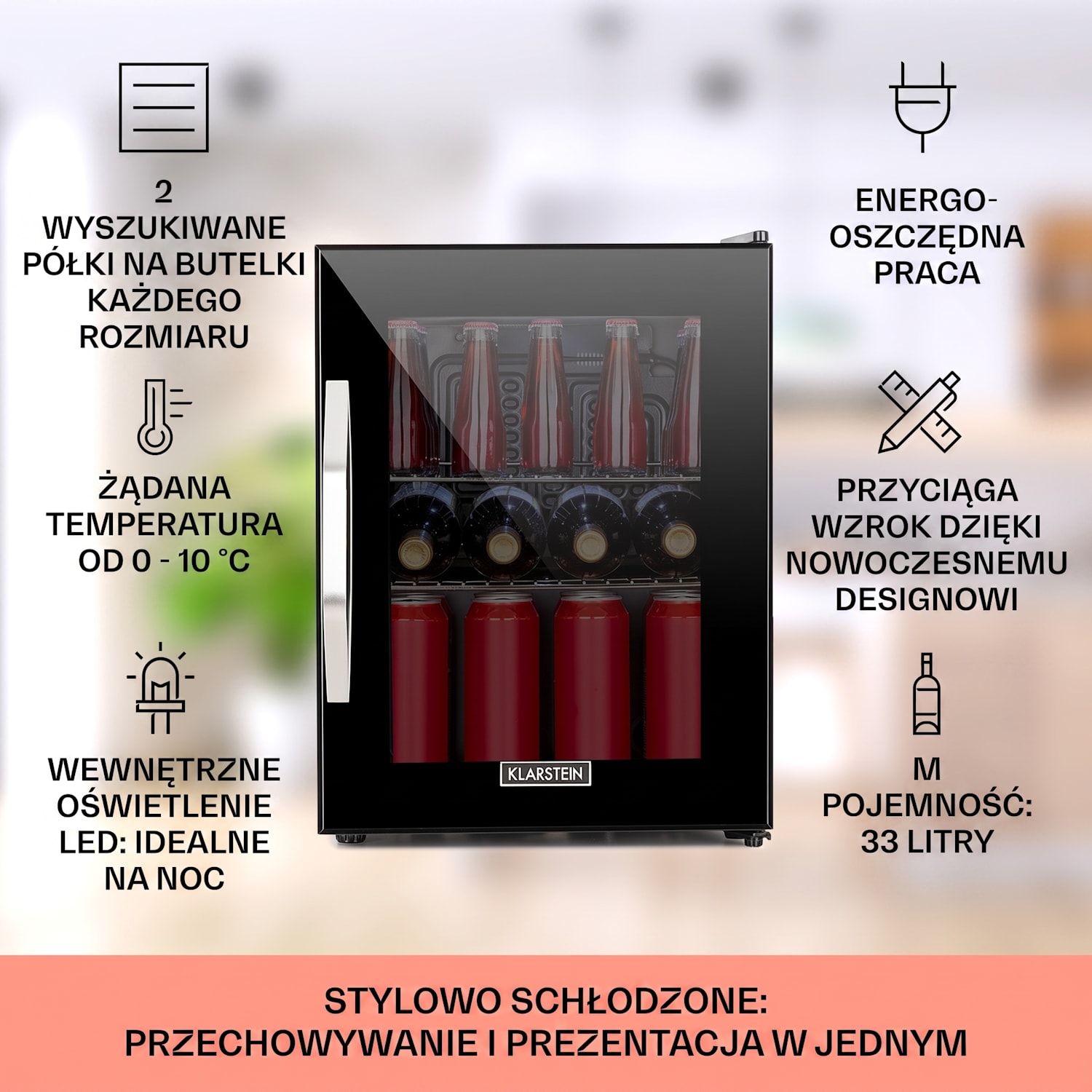 Beersafe M Onyx, lodówka na napoje, klasa energetyczna C, LED, 2 kratki metalowe, szklane drzwi 33 L | Czarny