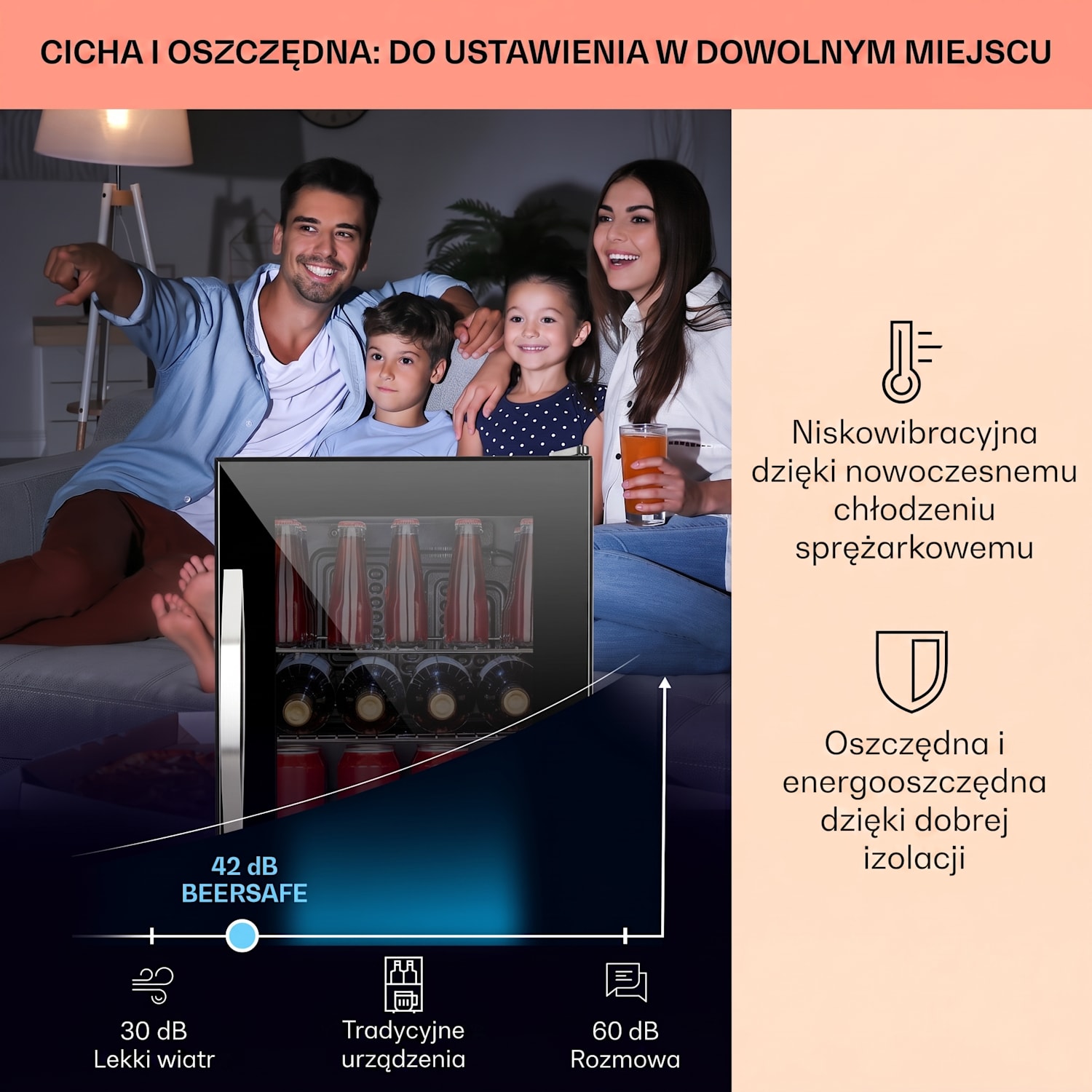 Beersafe M Onyx, lodówka na napoje, klasa energetyczna C, LED, 2 kratki metalowe, szklane drzwi 33 L | Czarny