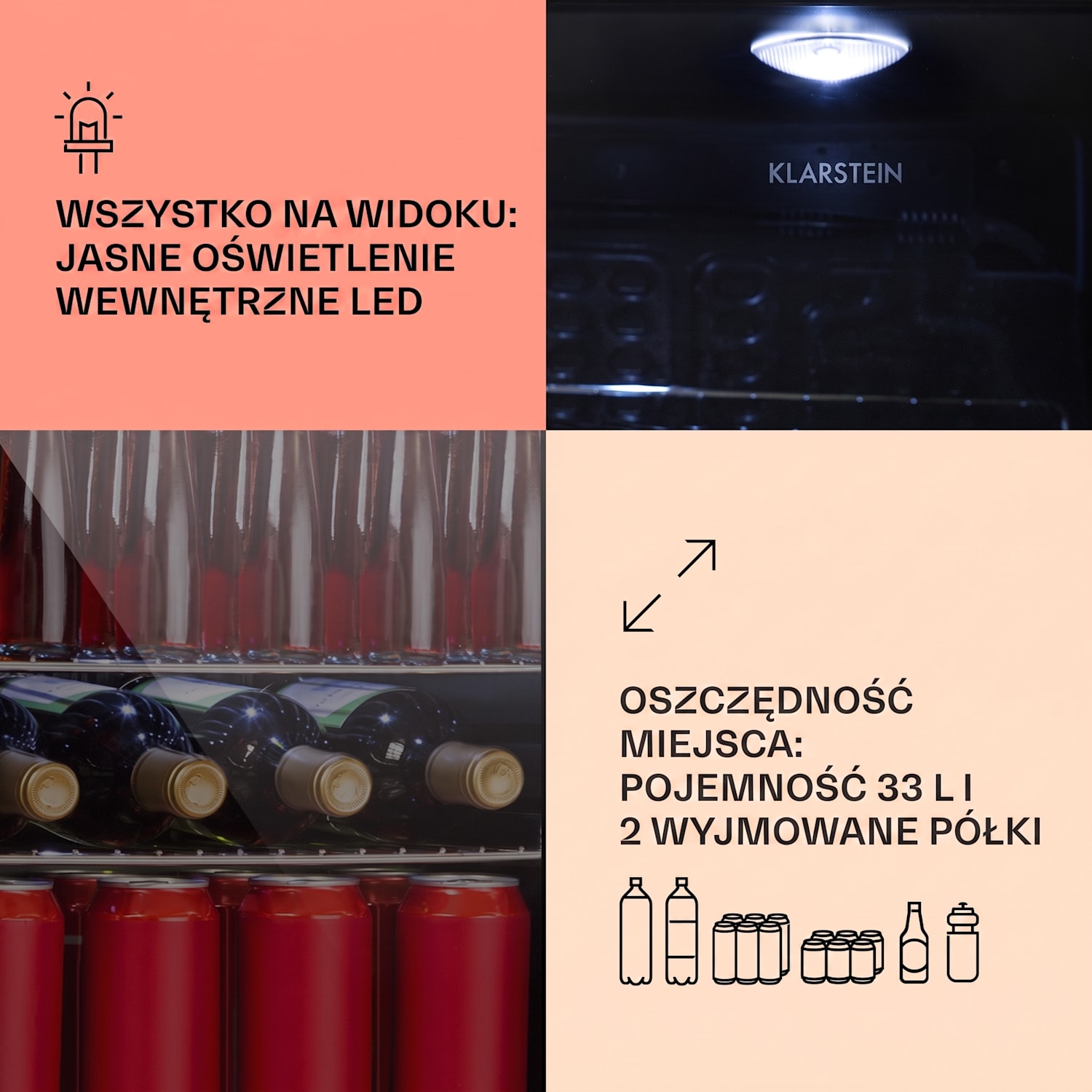 Beersafe M Onyx, lodówka na napoje, klasa energetyczna C, LED, 2 kratki metalowe, szklane drzwi 33 L | Czarny