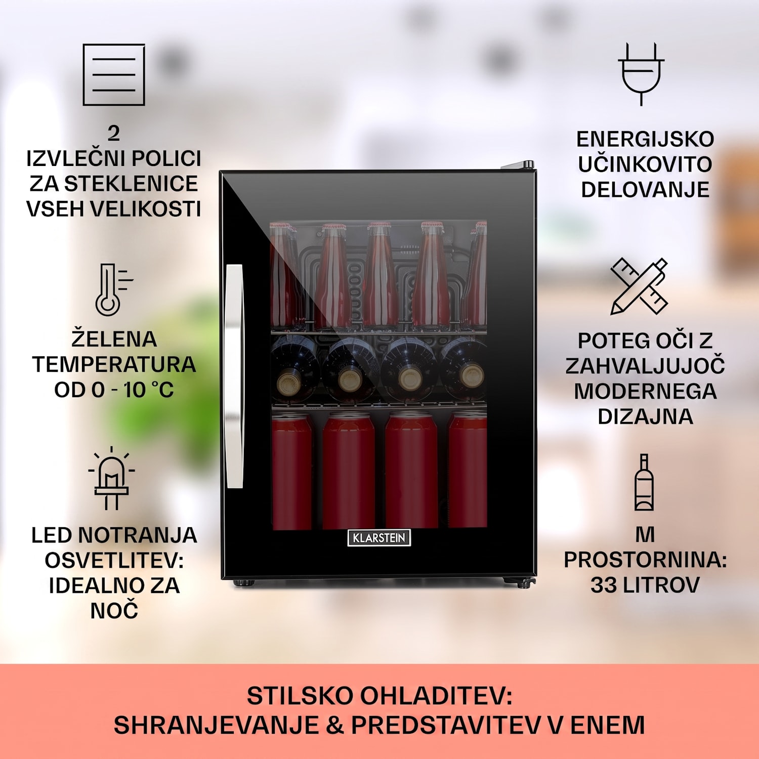 Beersafe M Onyx, hladilnik, C, LED, dve kovinski rešetki, steklena vrata, onyx 33 L | Črna