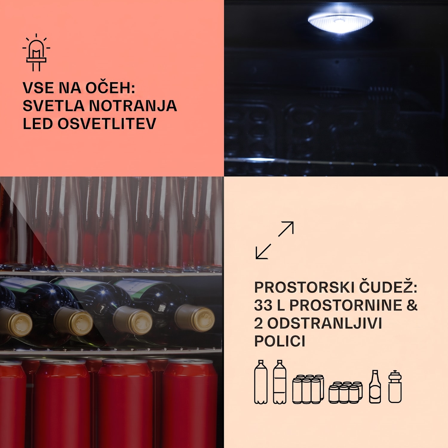 Beersafe M Onyx, hladilnik, C, LED, dve kovinski rešetki, steklena vrata, onyx 33 L | Črna