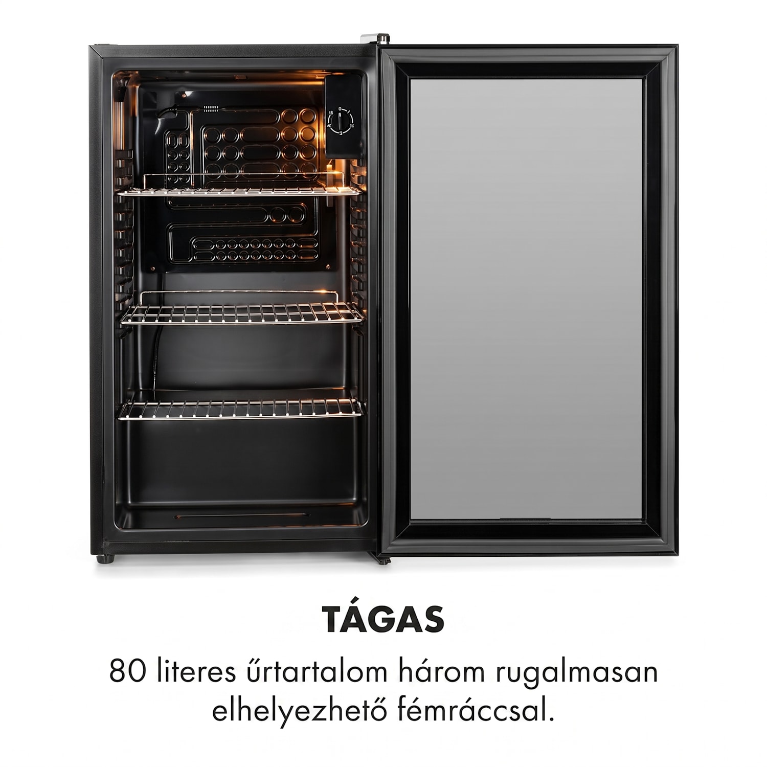 Beersafe XXL Onyx, hűtőszekrény, E energiahatékonysági osztály, 3 fém rács, panoráma üvegajtó 80 L | Fekete