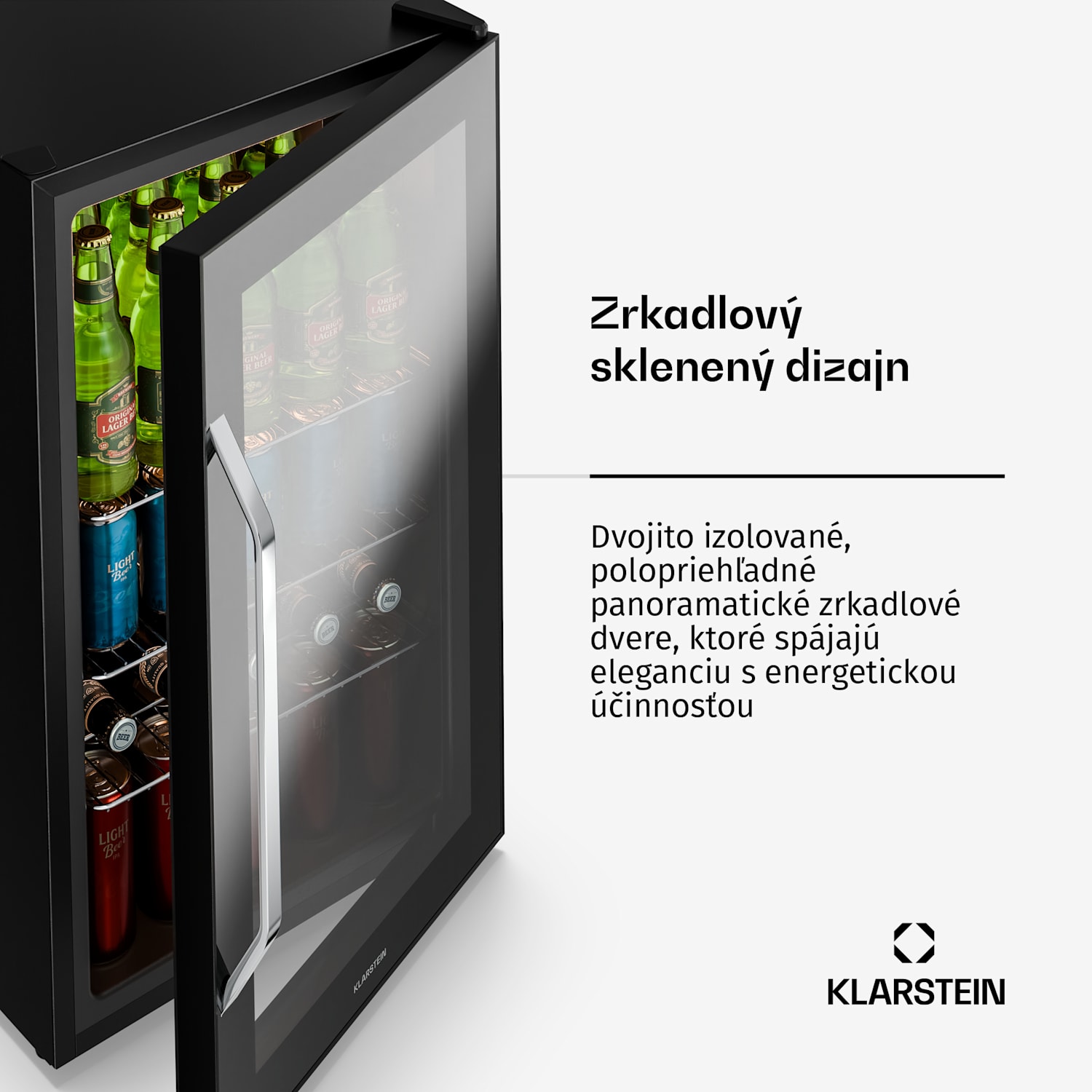 Beersafe XXL Onyx, chladnička, energet. trieda E, 3 kovové police, panoramatické sklenené dvierka 80 L | Čierna