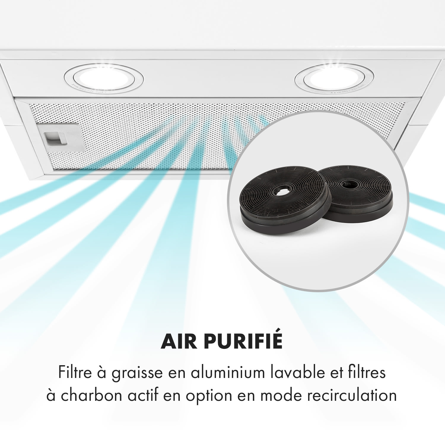 Structura hotte aspirante recyclage et évacuation de l'air, 641m³/h max, classe A, LED, blanche Blanc
