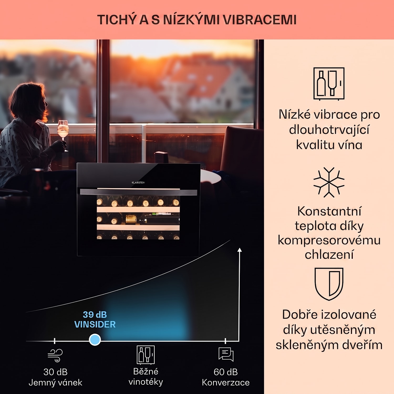 Vinsider 24 Built-In Uno, vinotéka, 24 lahví, 1 zóna, energetická třída G 24 lahví | 1 chladící zóna | Černá