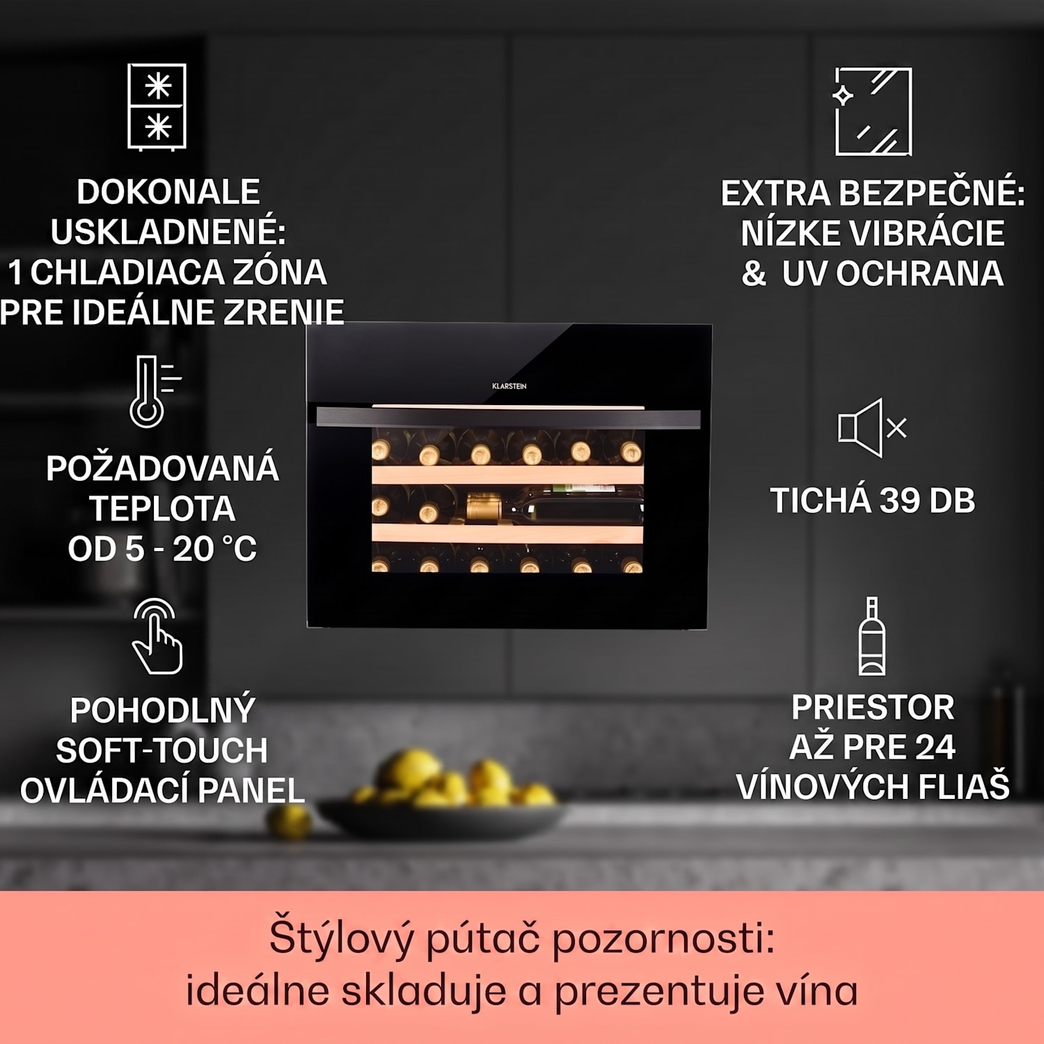 Vinsider 24 Built-In Uno, vinotéka, 24 fliaš, energet. trieda G, 1 zóna 24 fliaš | 1 chladiaca zóna | Čierna