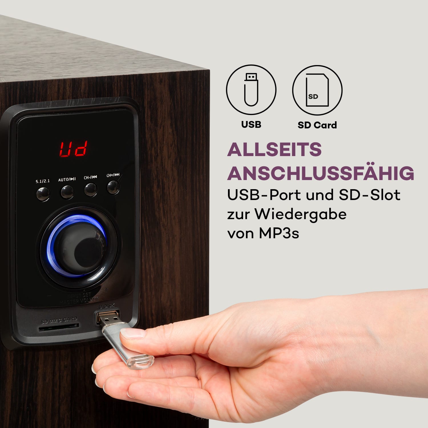 Areal Elegance 5.1-Surround-System 190W RMS BT USB AUX Fernbedienung Dunkles Holz