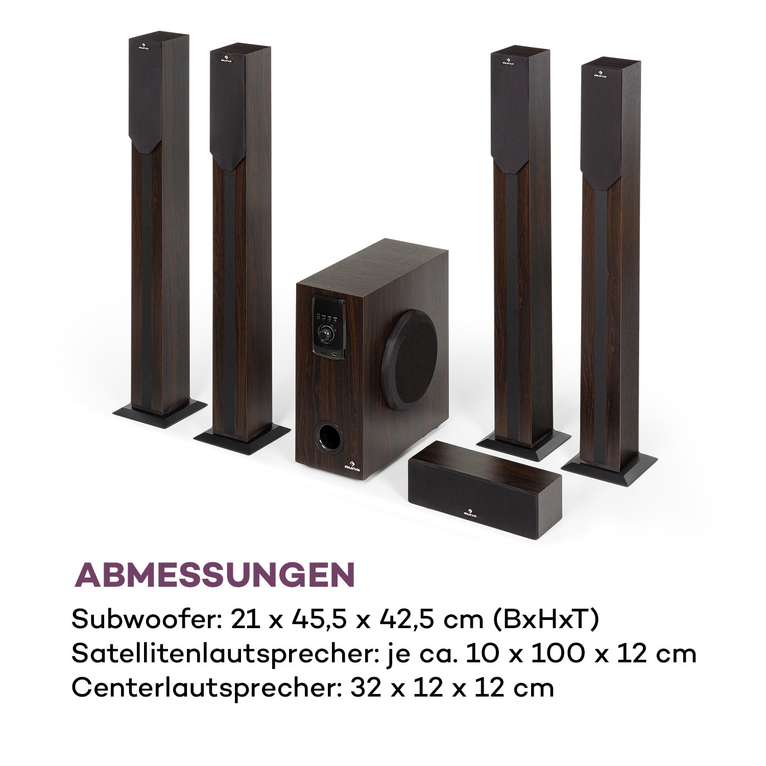 Areal Elegance 5.1-Surround-System 190W RMS BT USB AUX Fernbedienung Dunkles Holz