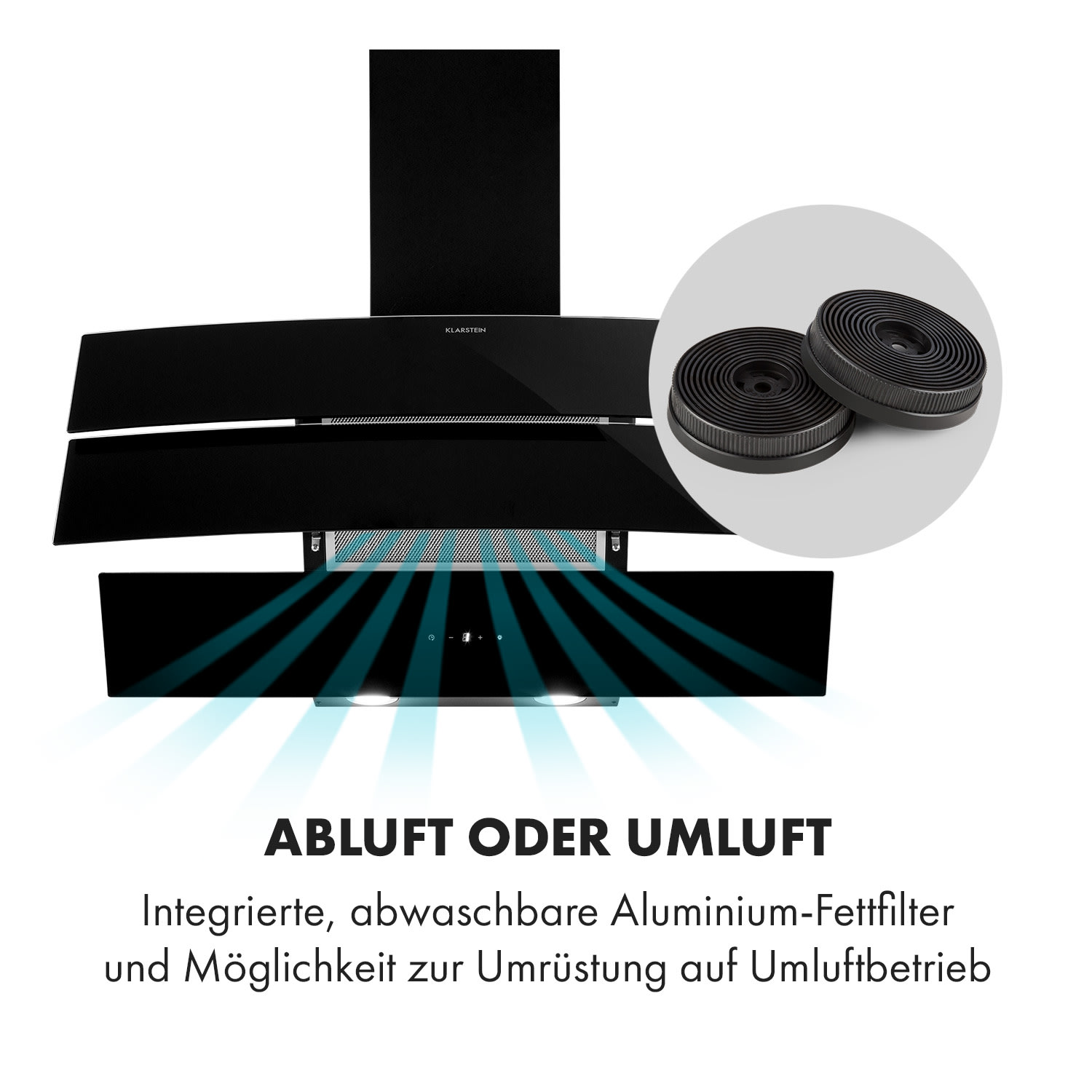 Antonia Dunstabzugshaube kopffrei 90cm 350m³/h Touch-Bedienfeld Glas 90 cm | Schwarz