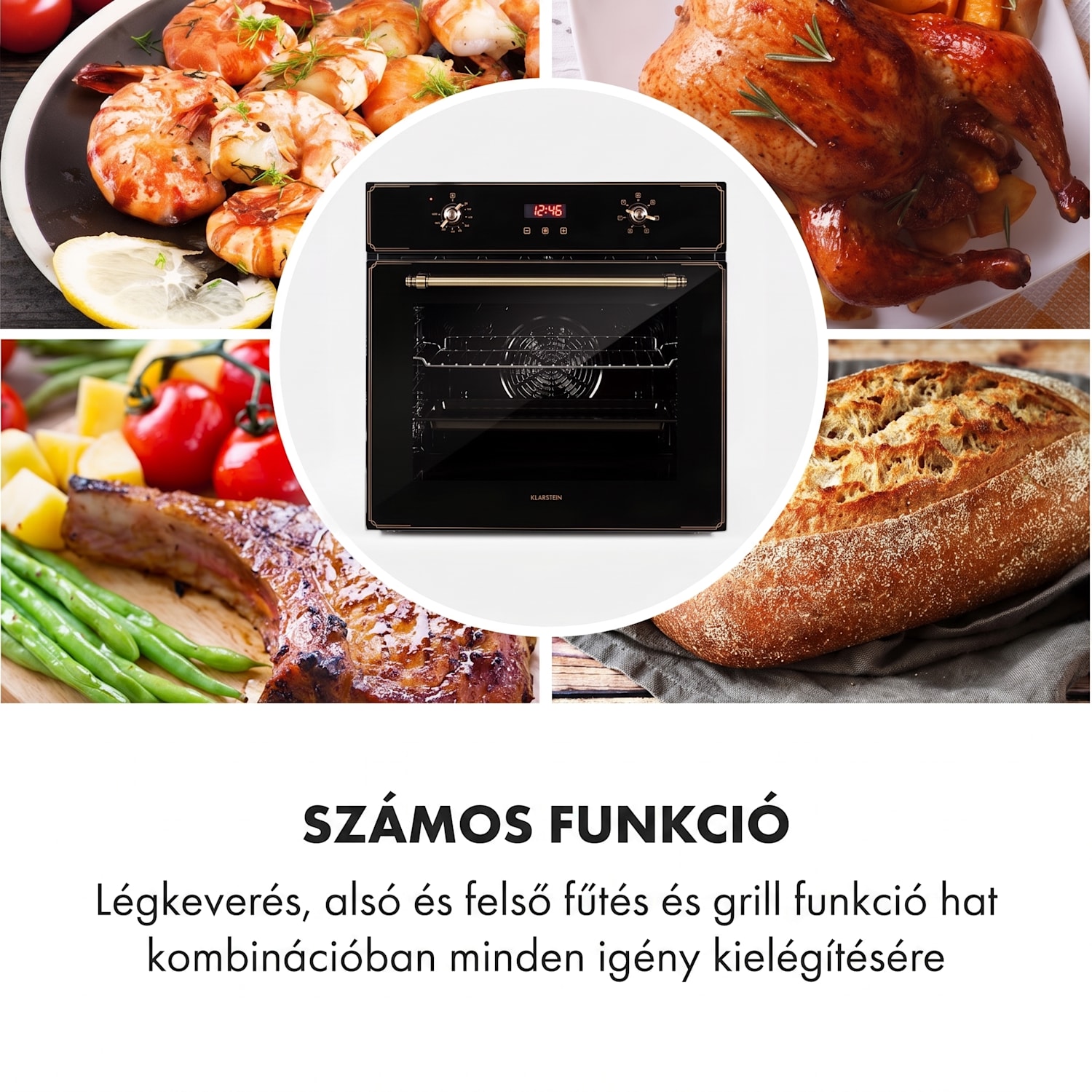 Elizabeth, beépített sütő, retró dizájn, 6 funkció, 50 - 250 ° C, fekete Fekete