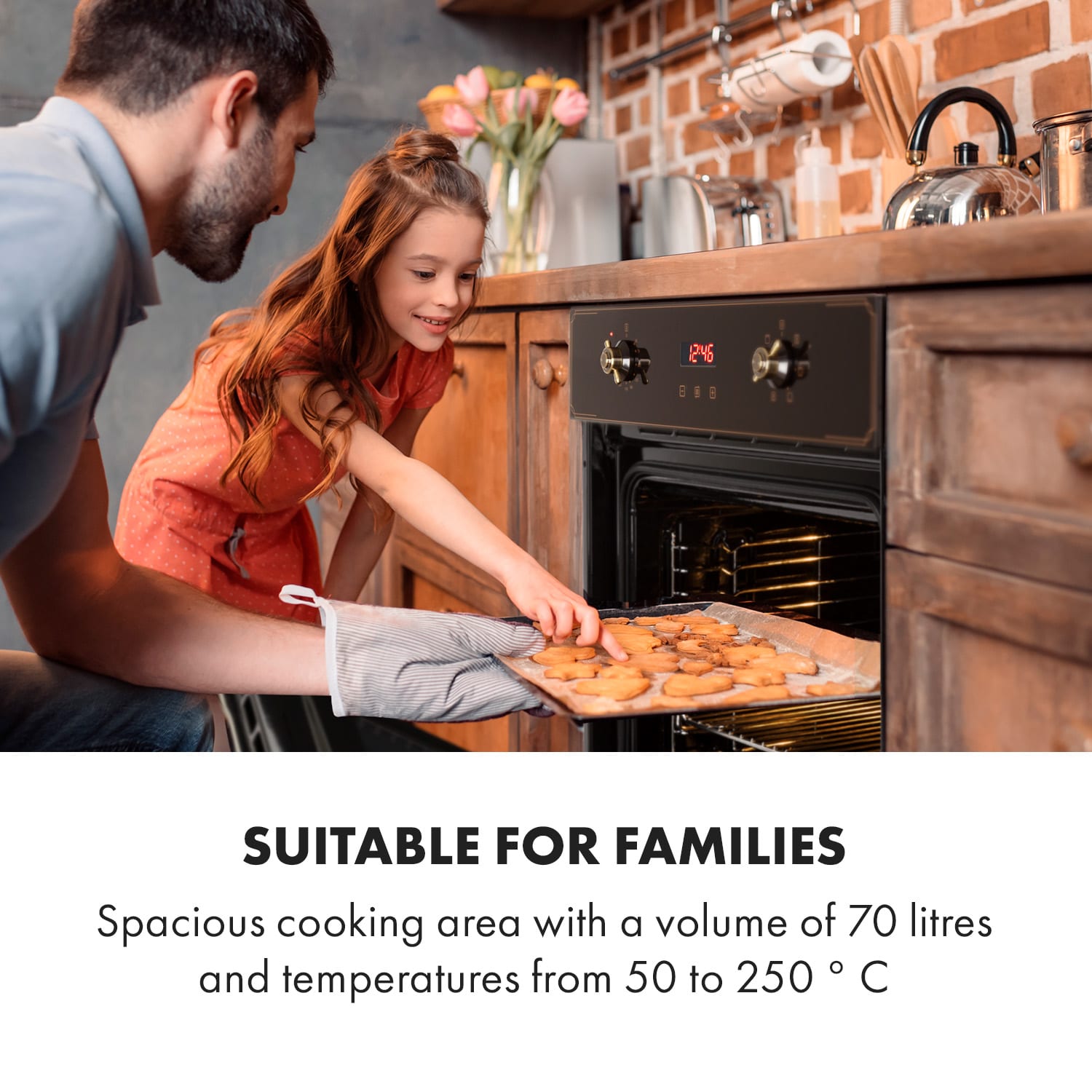 Elizabeth Einbaubackofen Retro 2200 Watt 70l Messingoptik Display 