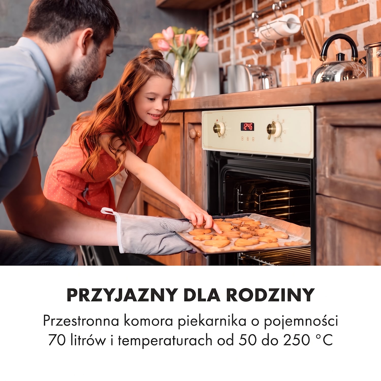 Elizabeth, piekarnik do zabudowy, stylistyka retro, 6 funkcji, 50–250°C, kremowy Vintage Krem