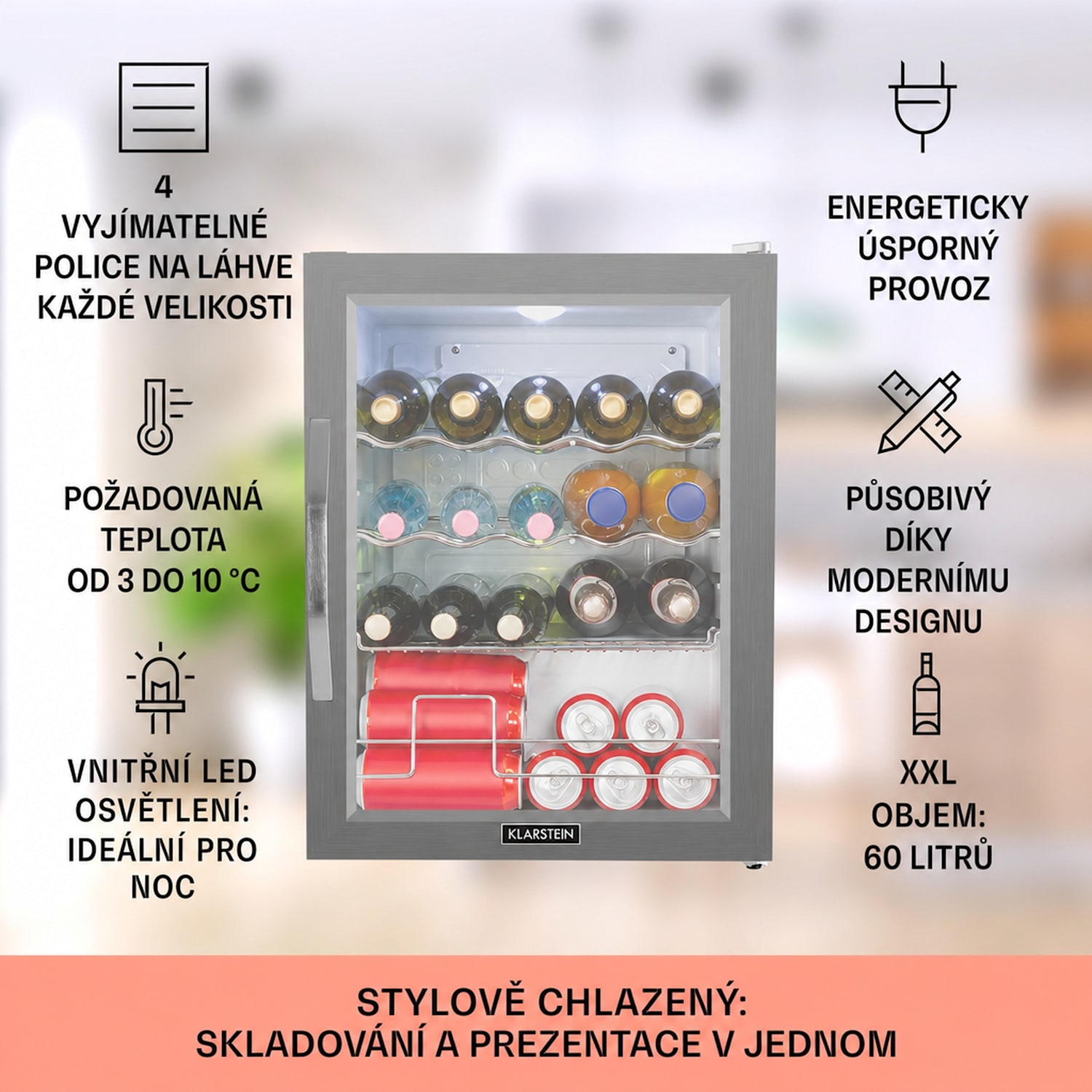 Beersafe XL Crystal White, lednice, 60 l, energetická třída D, LED, skleněné dveře, bílá/stříbrná 60 L | Bílá