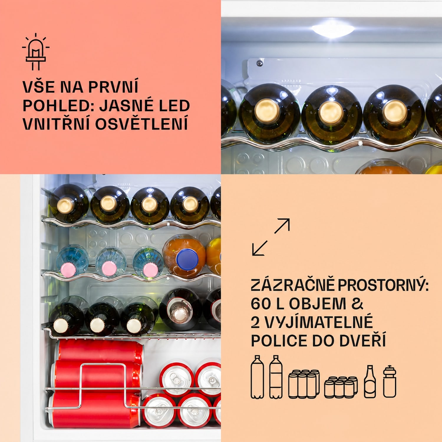 Beersafe XL Crystal White, lednice, 60 l, energetická třída D, LED, skleněné dveře, bílá/stříbrná 60 L | Bílá