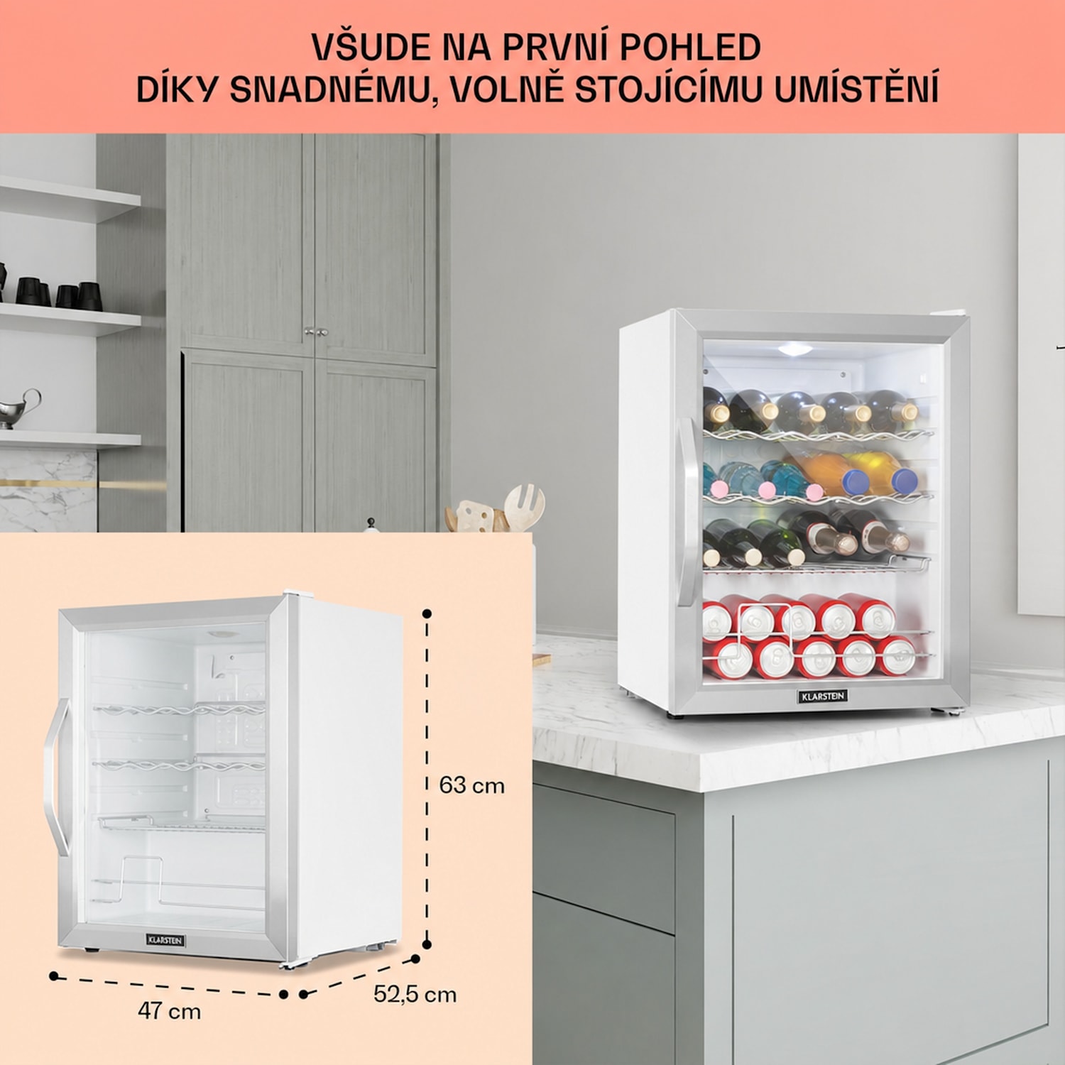 Beersafe XL Crystal White, lednice, 60 l, energetická třída D, LED, skleněné dveře, bílá/stříbrná 60 L | Bílá