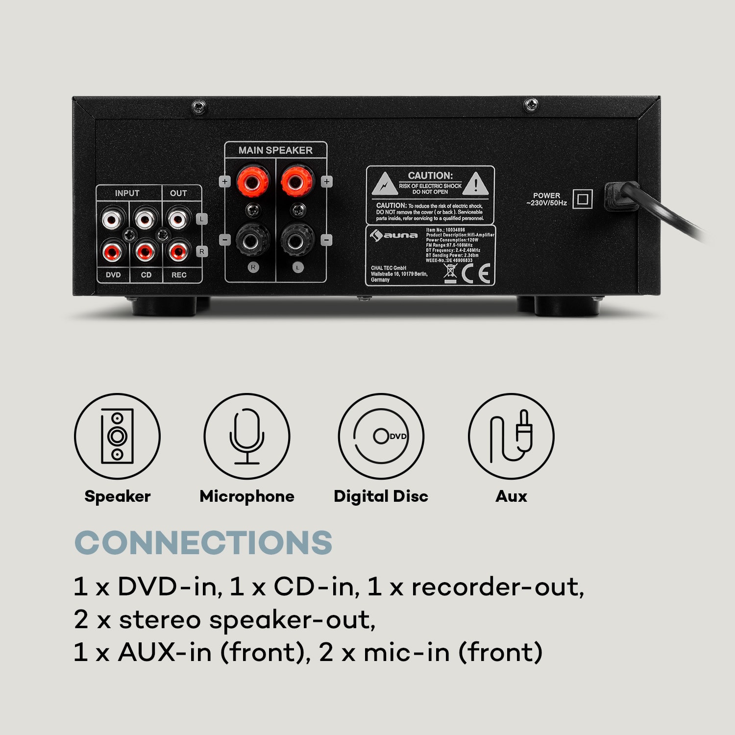 AMP-5 BT HiFi-förstärkare 2 x 50 W RMS BT 2 x mikrofon svart 