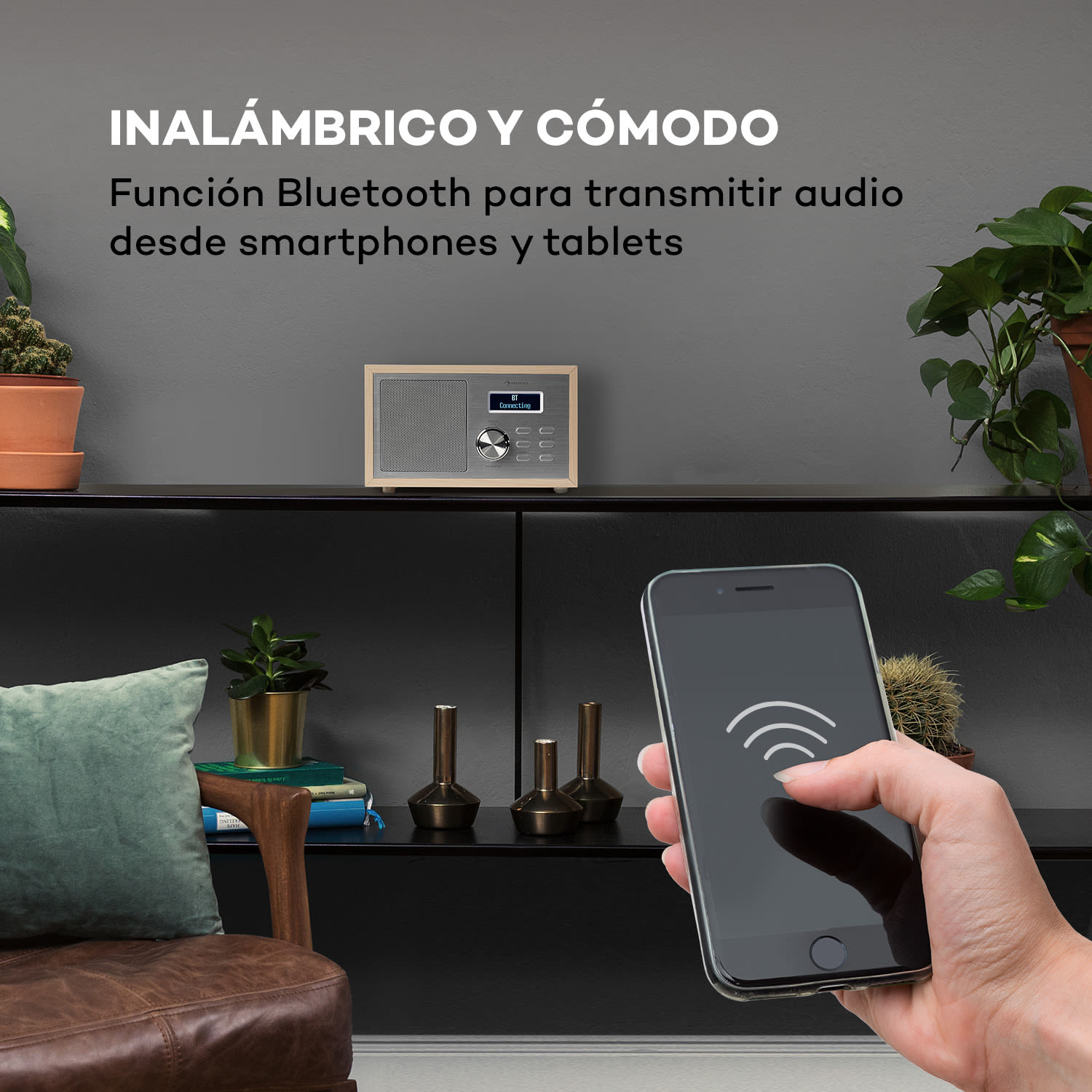 Ambient DAB+/FM Radio BT 5.0 entrada AUX pantalla LCD despertador imitación madera color marrón 