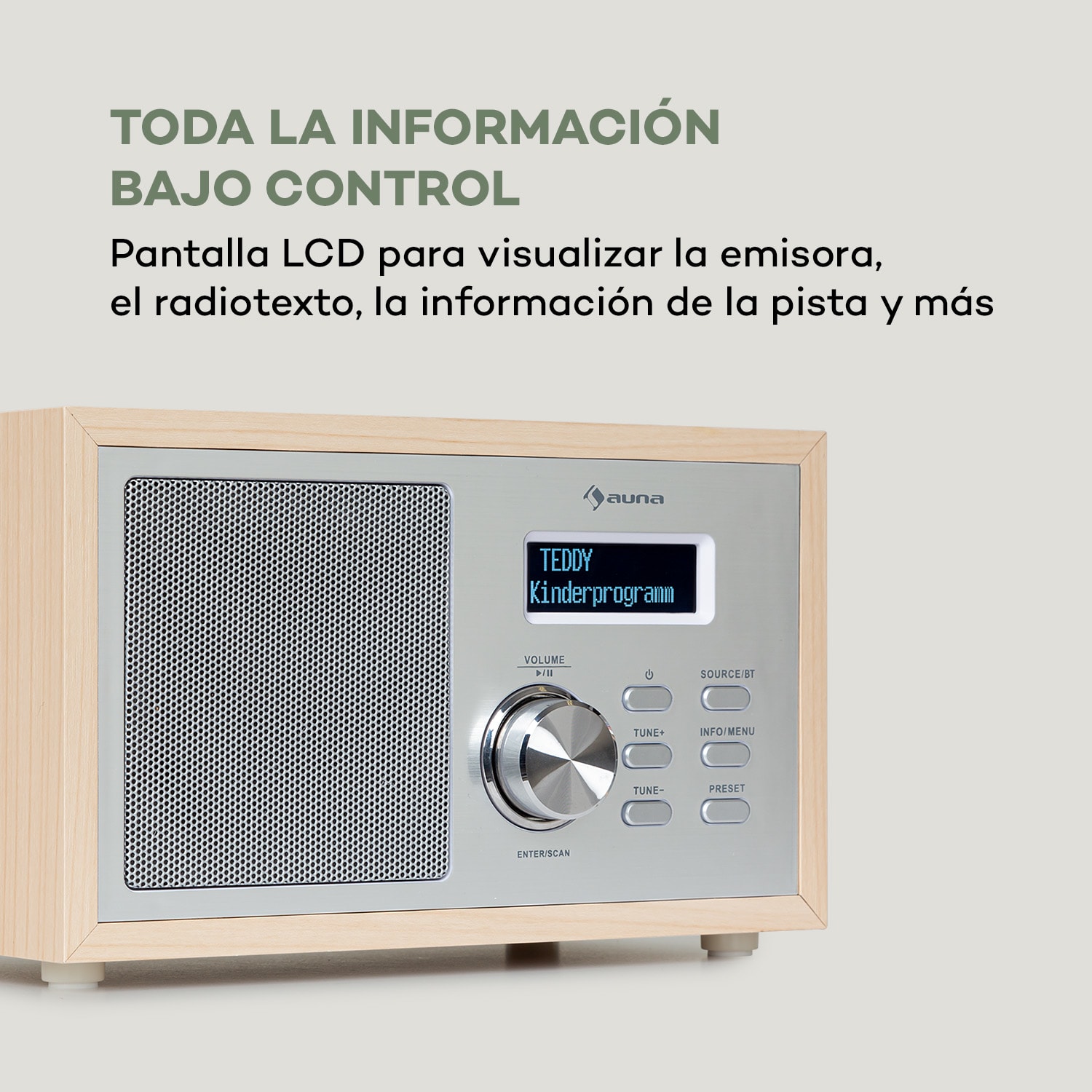 Ambient DAB+/FM Radio BT 5.0 entrada AUX pantalla LCD despertador imitación madera color marrón 