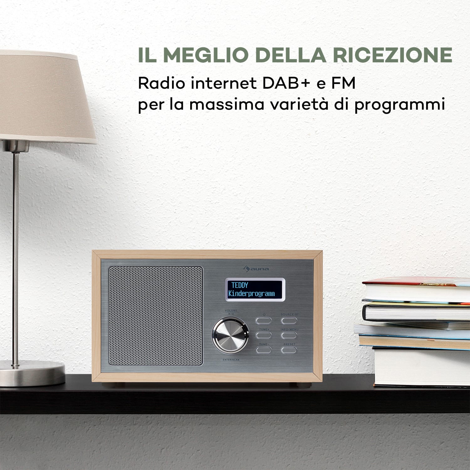 Ambient Radio DAB+/FM BT 5.0 AUX-In LCD Sveglia Effetto Legno marrone Pino