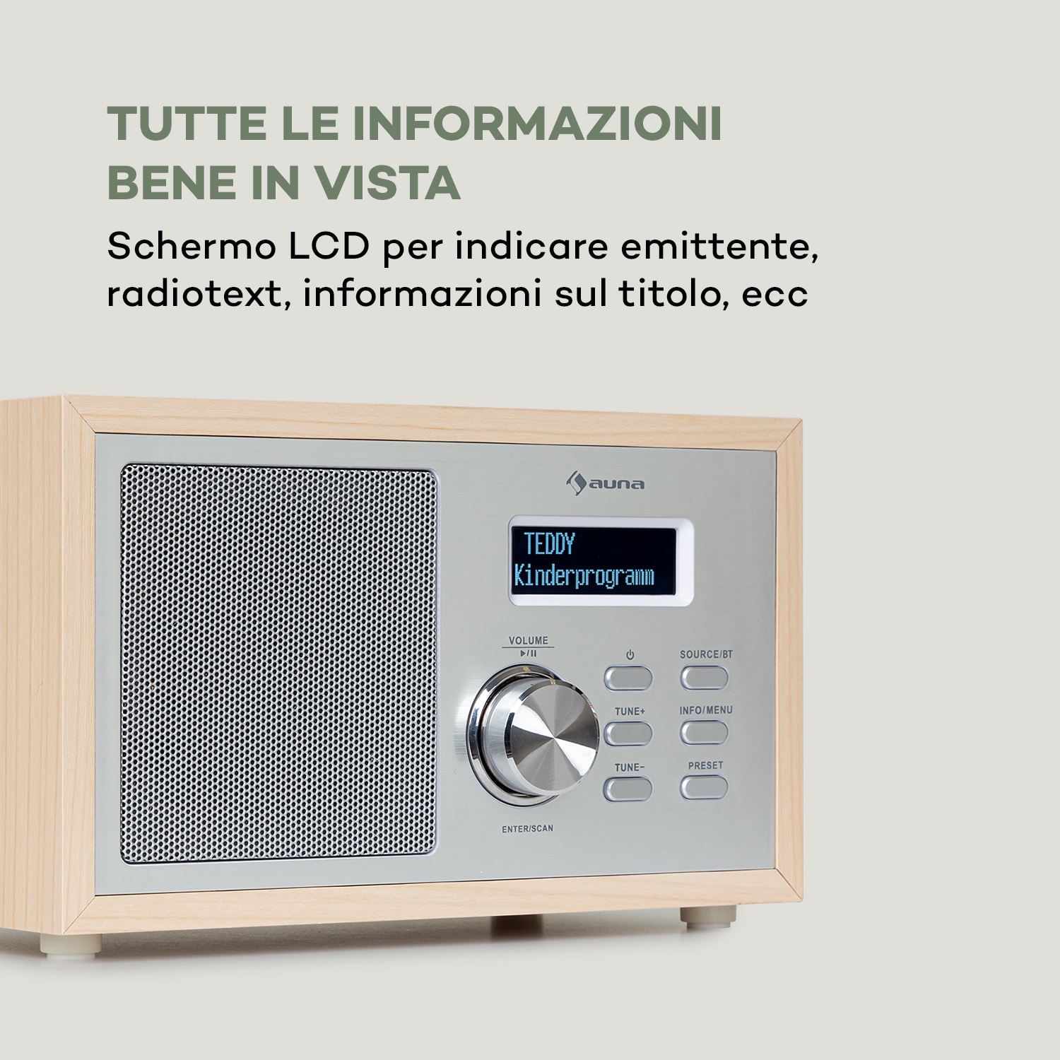 Ambient Radio DAB+/FM BT 5.0 AUX-In LCD Sveglia Effetto Legno marrone Pino