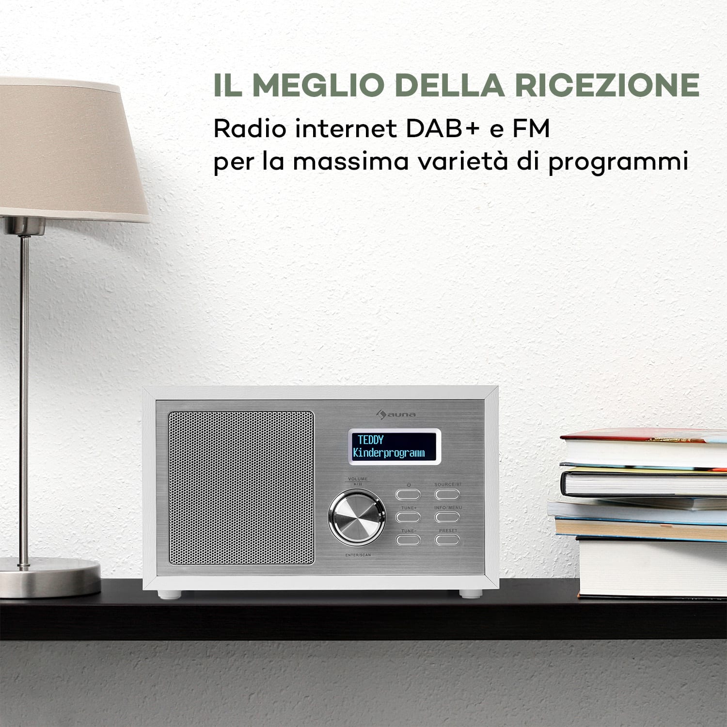 Ambient Radio DAB+/FM BT 5.0 AUX-In LCDisplay Sveglia Effetto Legno bianco 