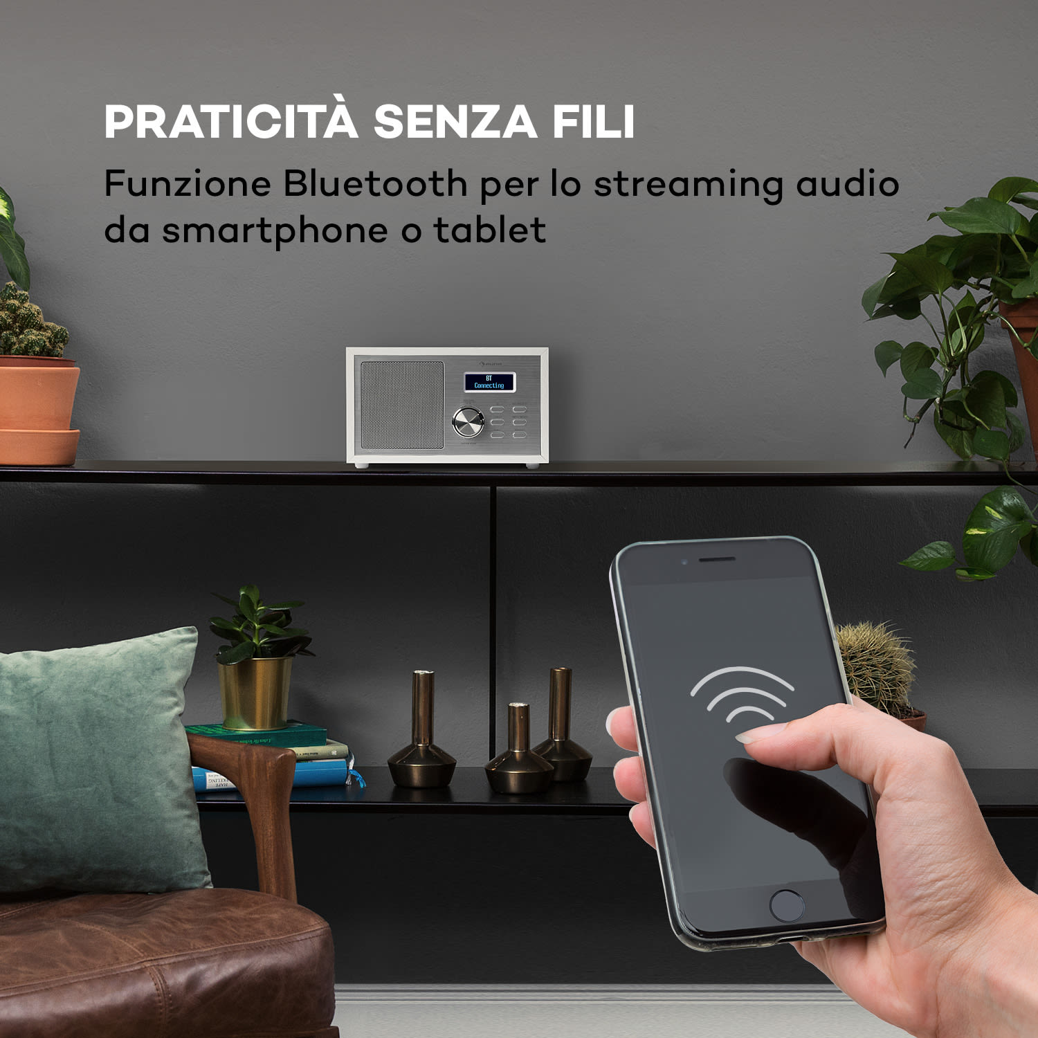 Ambient Radio DAB+/FM BT 5.0 AUX-In LCDisplay Sveglia Effetto Legno bianco 