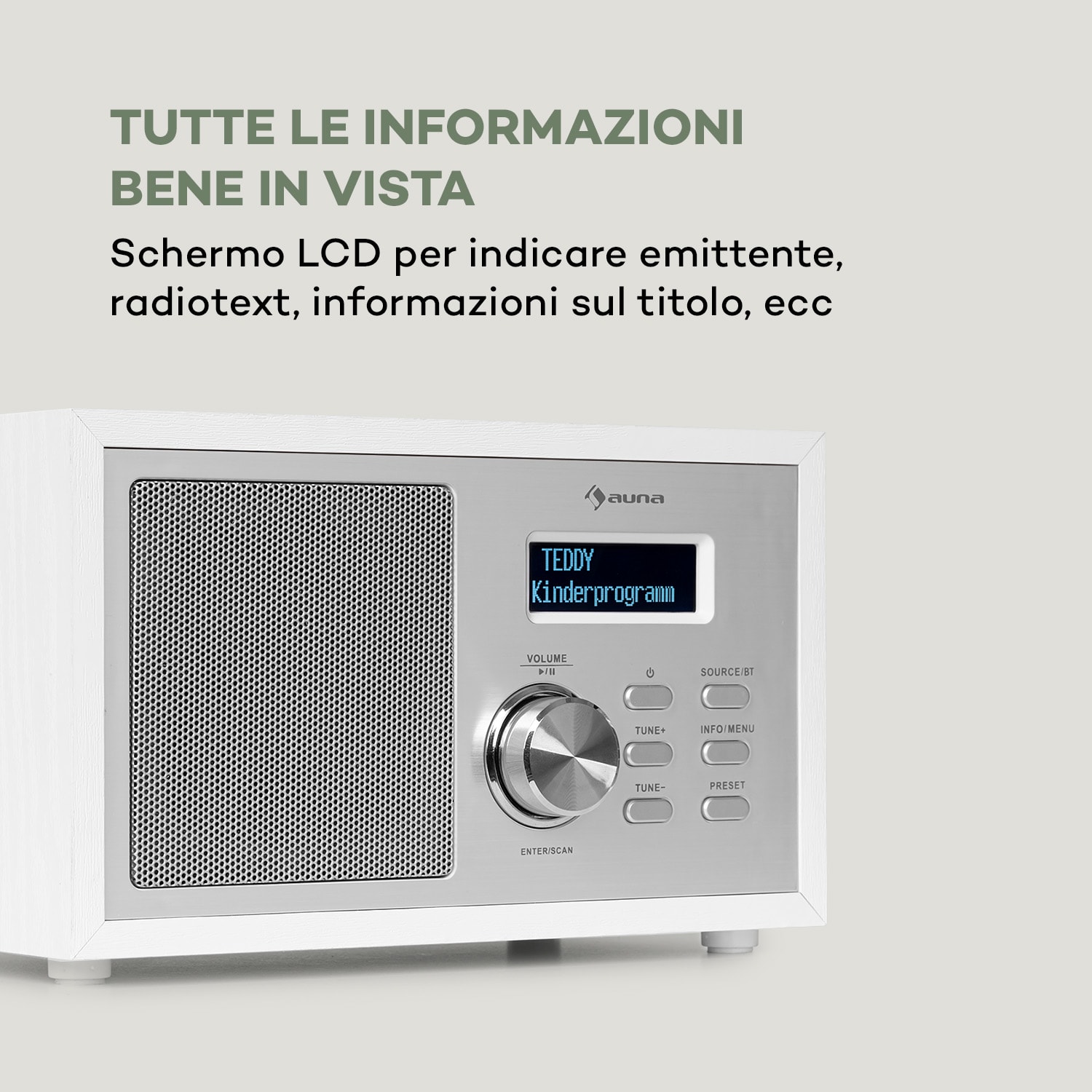 Ambient Radio DAB+/FM BT 5.0 AUX-In LCDisplay Sveglia Effetto Legno bianco 