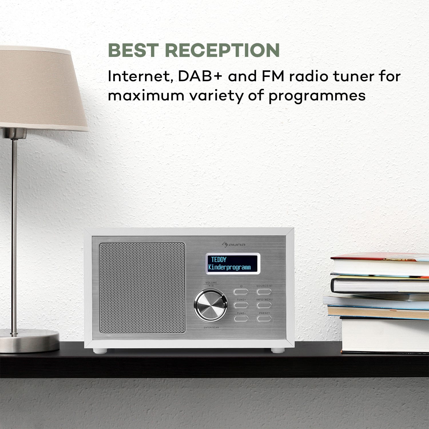 Ambient DAB +/FM, rádio, BT 5.0, AUX vstup, LCD displej, budík, časovač, dřevěný vzhled, bílé