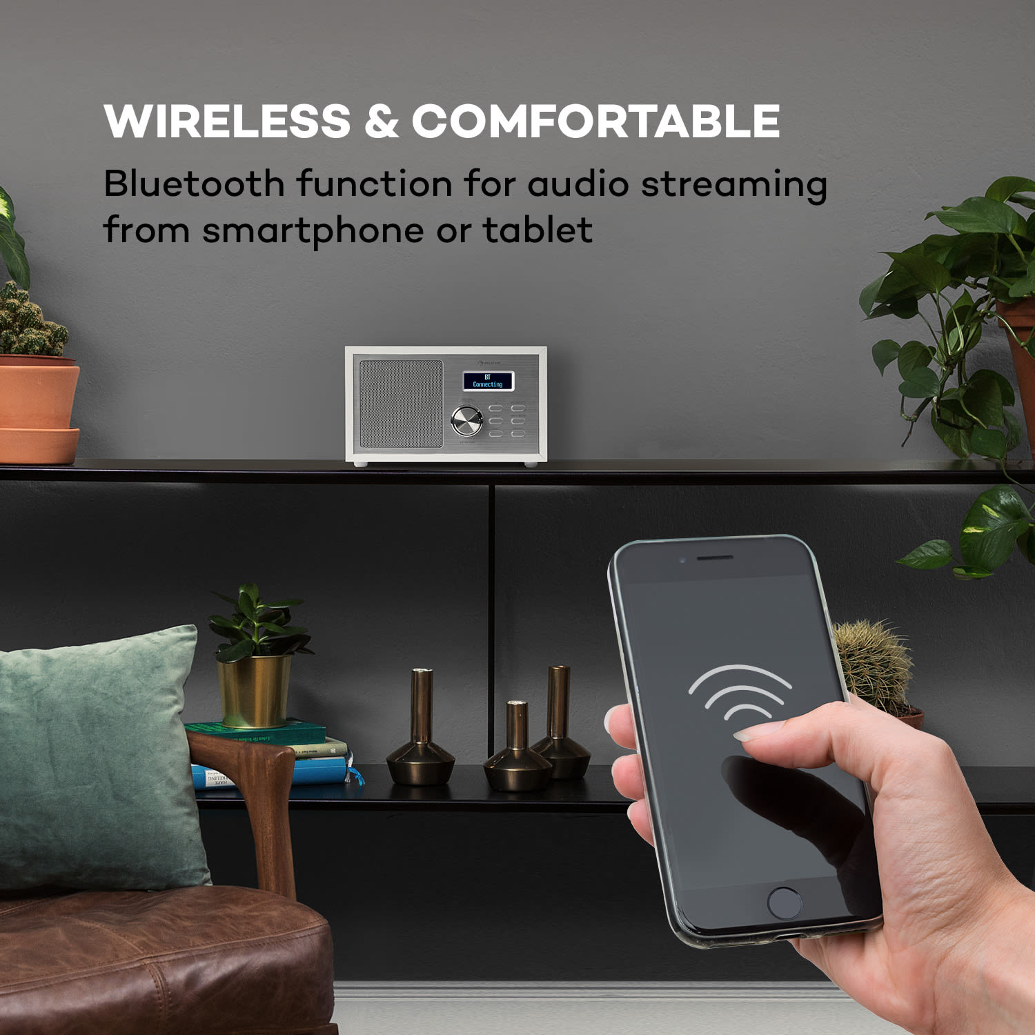 Ambient DAB+/FM, rádio, BT 5.0, AUX vstup, LCD displej, budík, časovač, drevený vzhľad, biele 