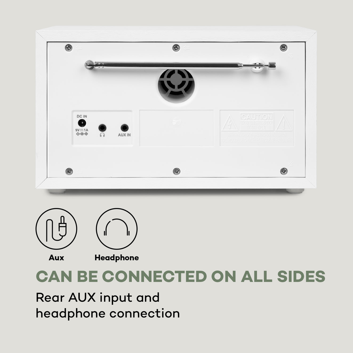 Ambient DAB +/FM, rádio, BT 5.0, AUX vstup, LCD displej, budík, časovač, dřevěný vzhled, bílé