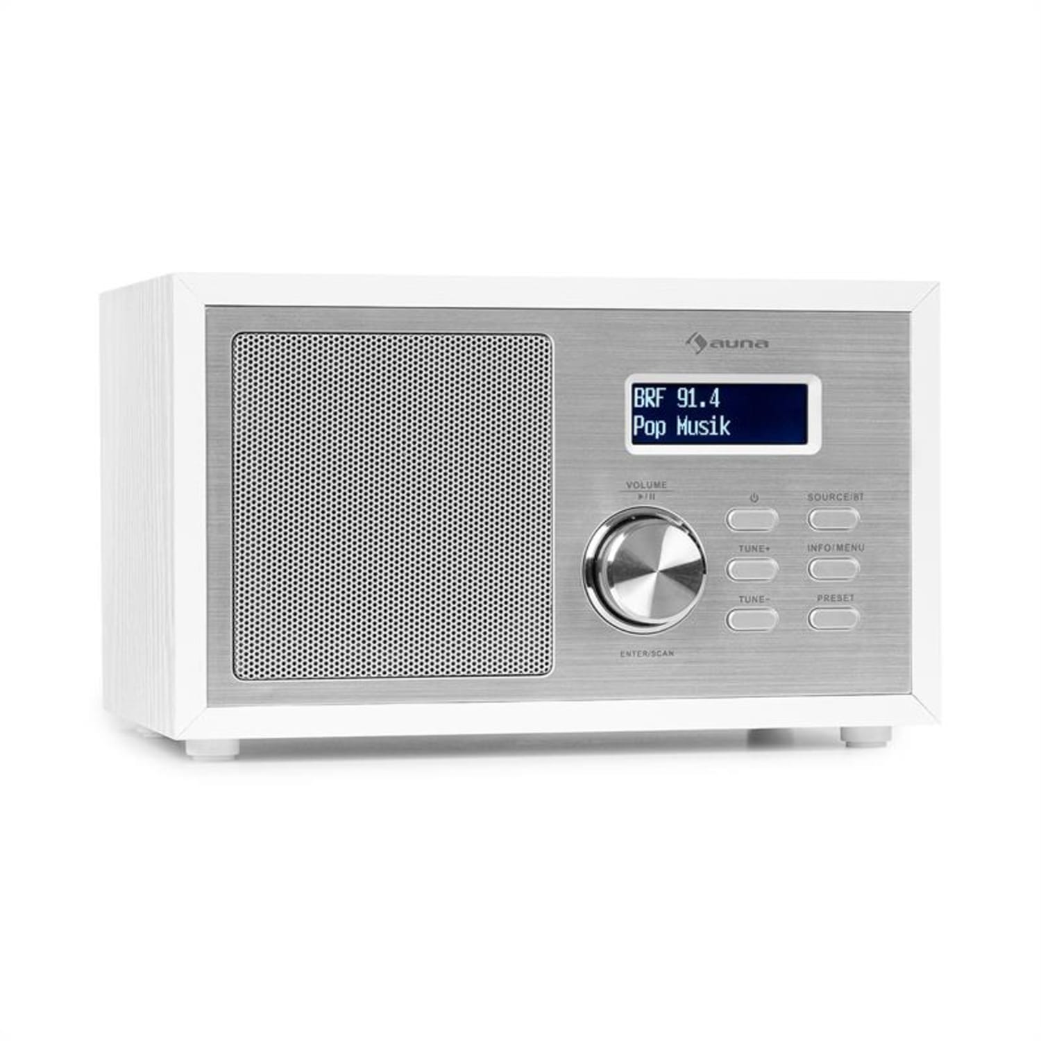 Ambient DAB +/FM, rádio, BT 5.0, AUX vstup, LCD displej, budík, časovač, dřevěný vzhled, bílé