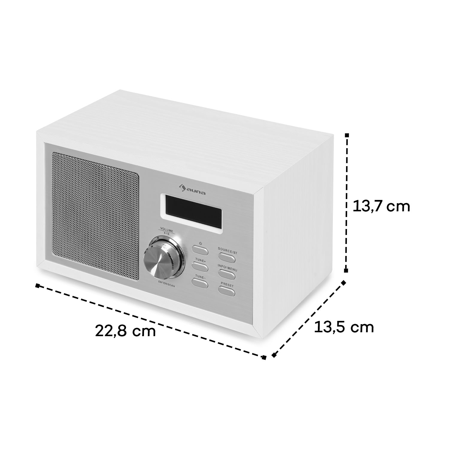 Ambient DAB +/FM, rádio, BT 5.0, AUX vstup, LCD displej, budík, časovač, dřevěný vzhled, bílé