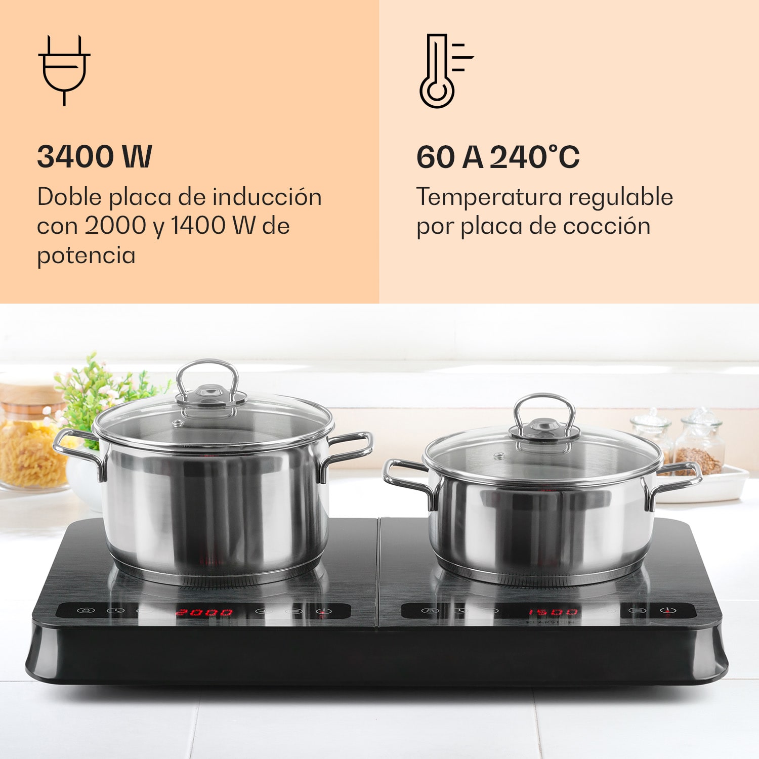 InnoChef Placa de inducción de 3400 W con control táctil y vitrocerámica Vidrio Negro