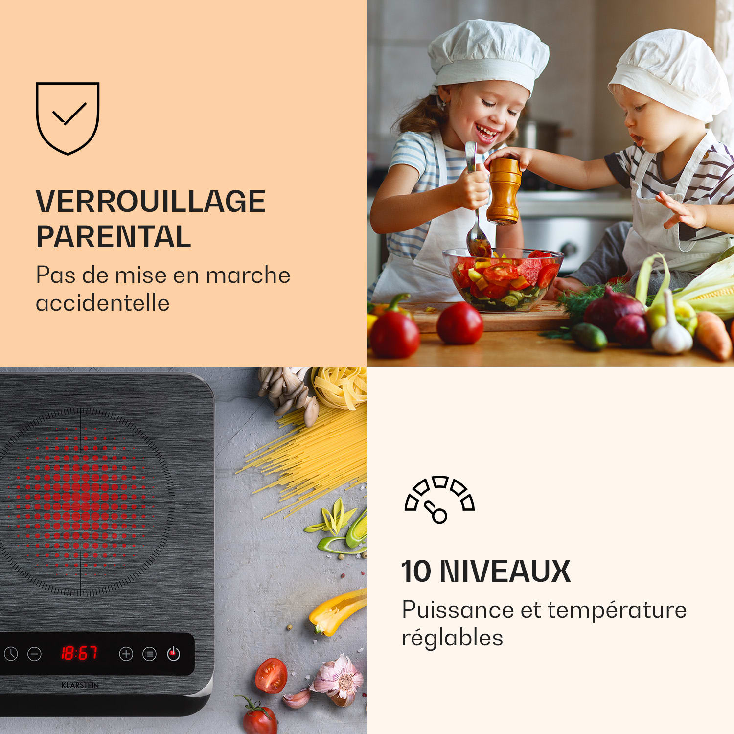 InnoChef Plaque de cuisson à induction 3400W Touch Control Céramique Verre Verre Noir