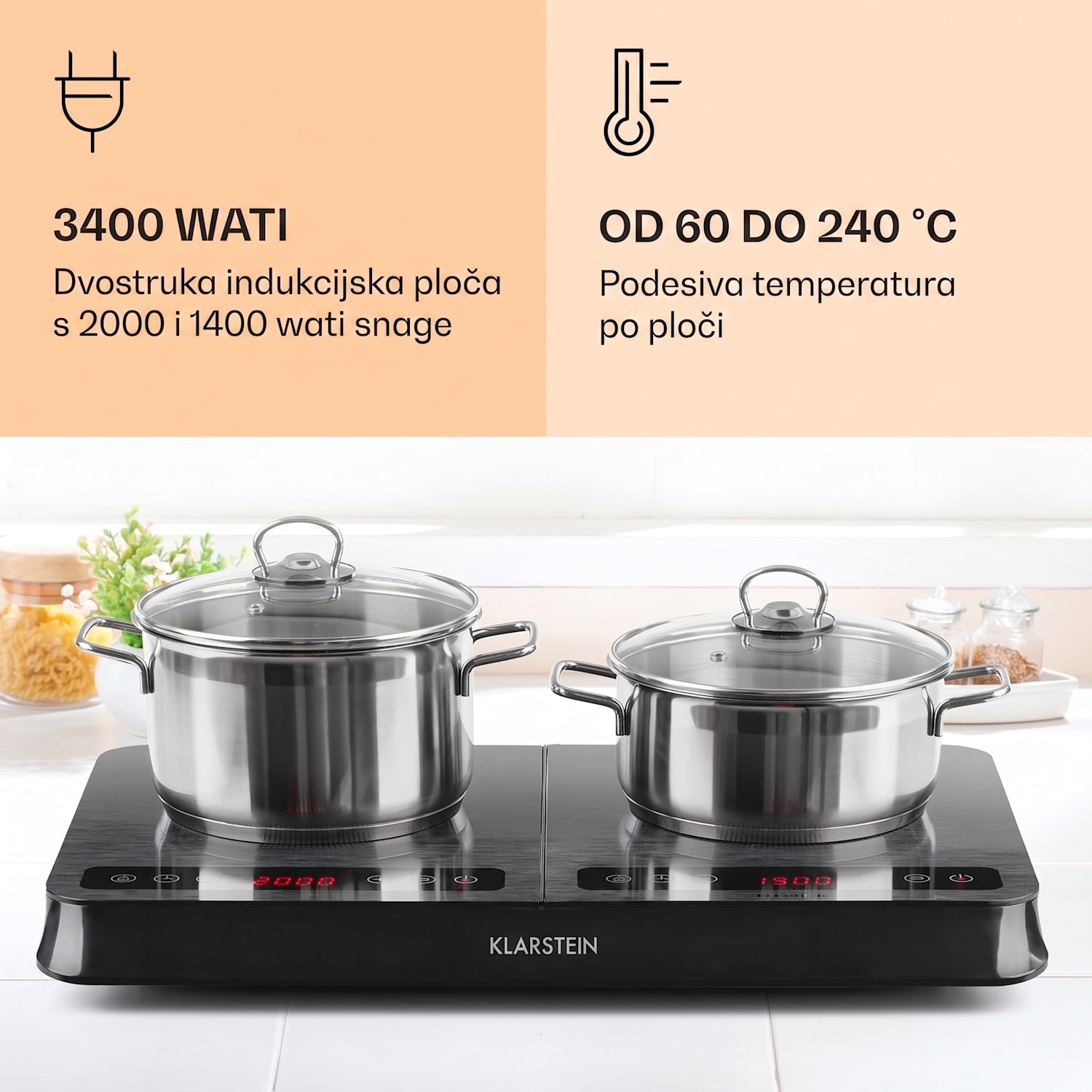 InnoChef, indukcijska ploča za kuhanje, 3400 W, dodirna upravljačka ploča, siva prugasta Crno staklo