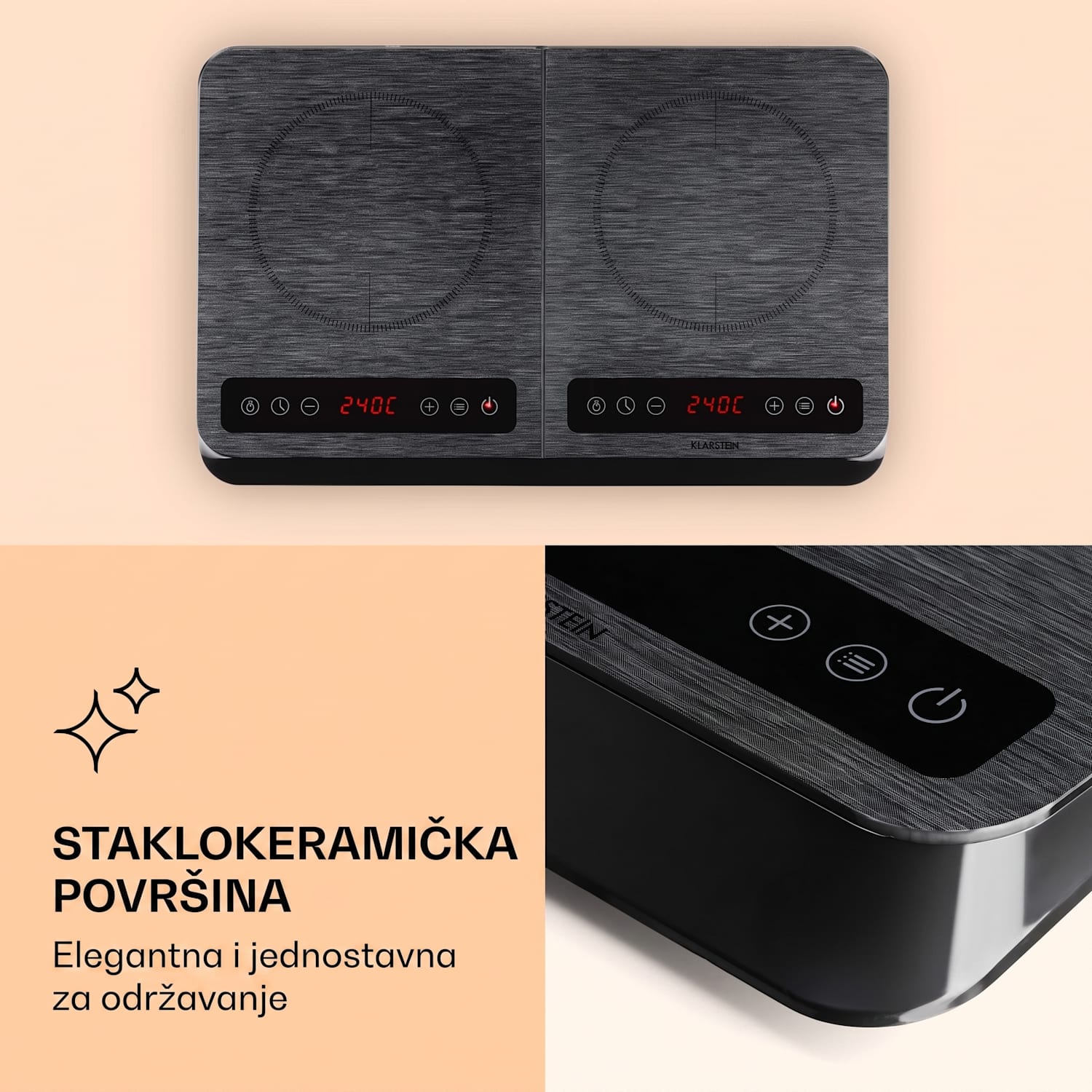 InnoChef, indukcijska ploča za kuhanje, 3400 W, dodirna upravljačka ploča, siva prugasta Crno staklo