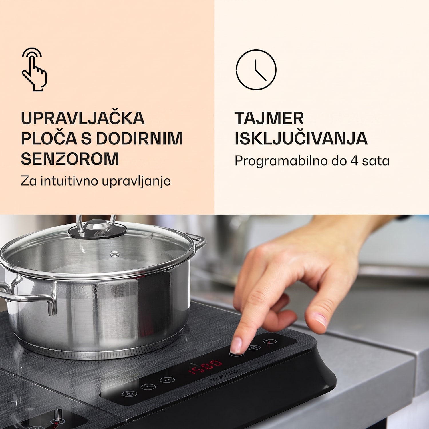 InnoChef, indukcijska ploča za kuhanje, 3400 W, dodirna upravljačka ploča, siva prugasta Crno staklo