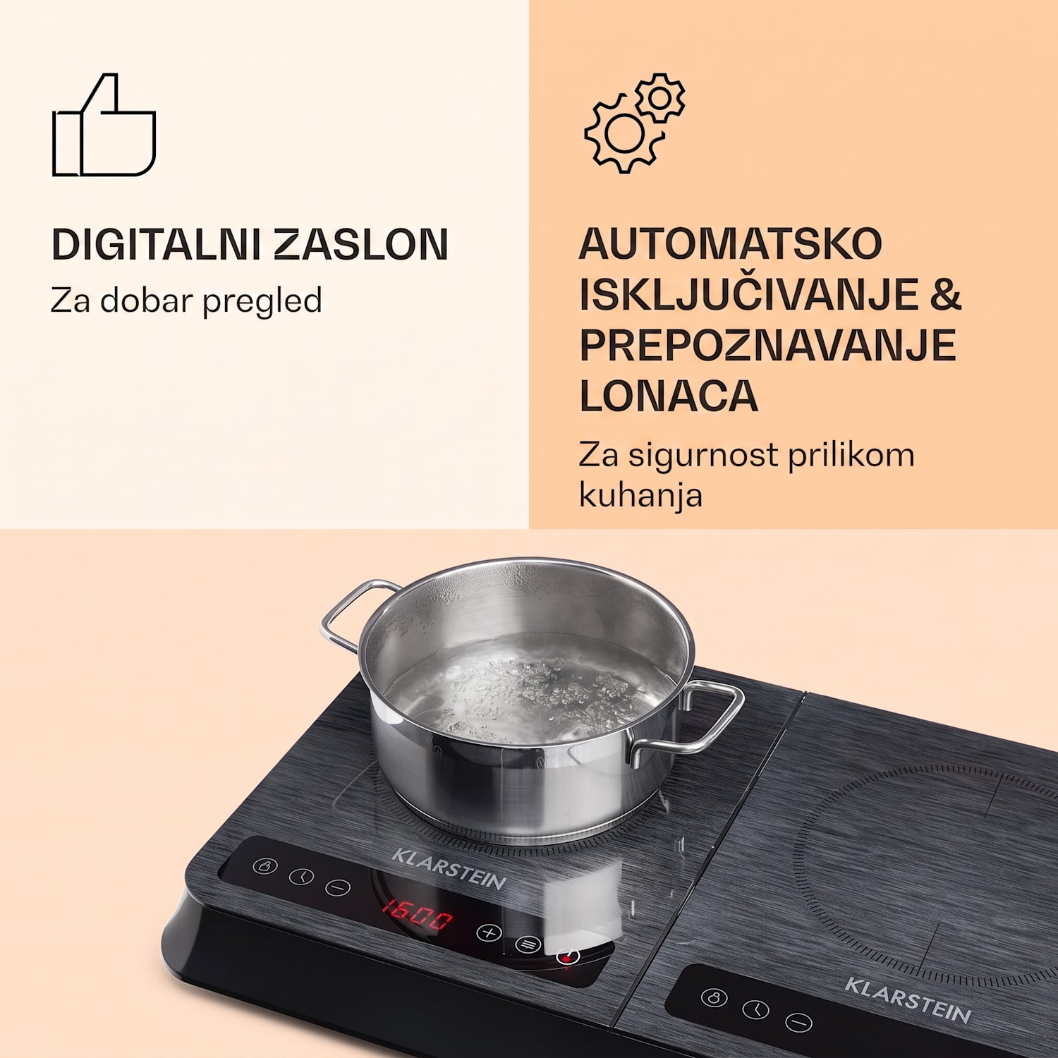 InnoChef, indukcijska ploča za kuhanje, 3400 W, dodirna upravljačka ploča, siva prugasta Crno staklo