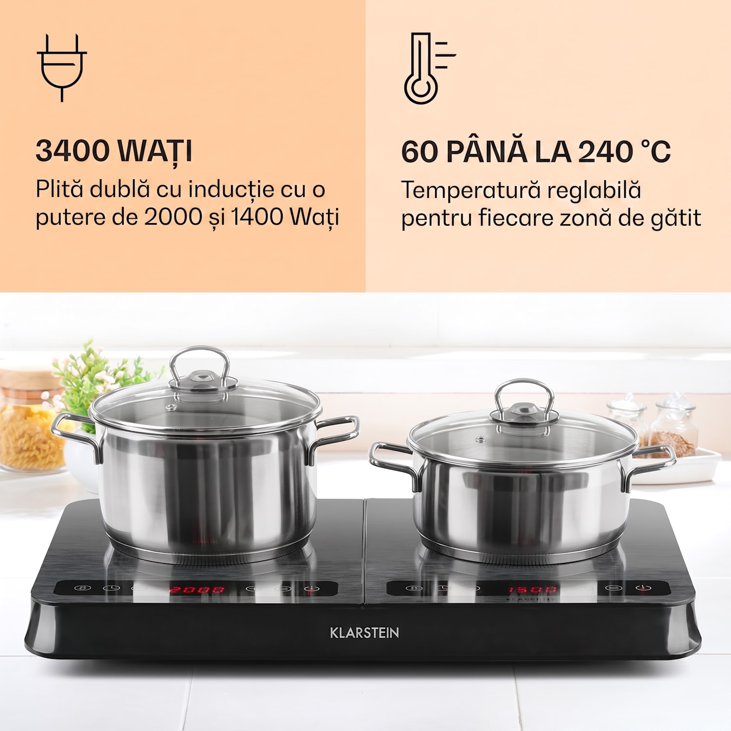 InnoChef, plită cu inducție, 3400 W, panou de control tactil, gri cu dungi Sticlă neagră