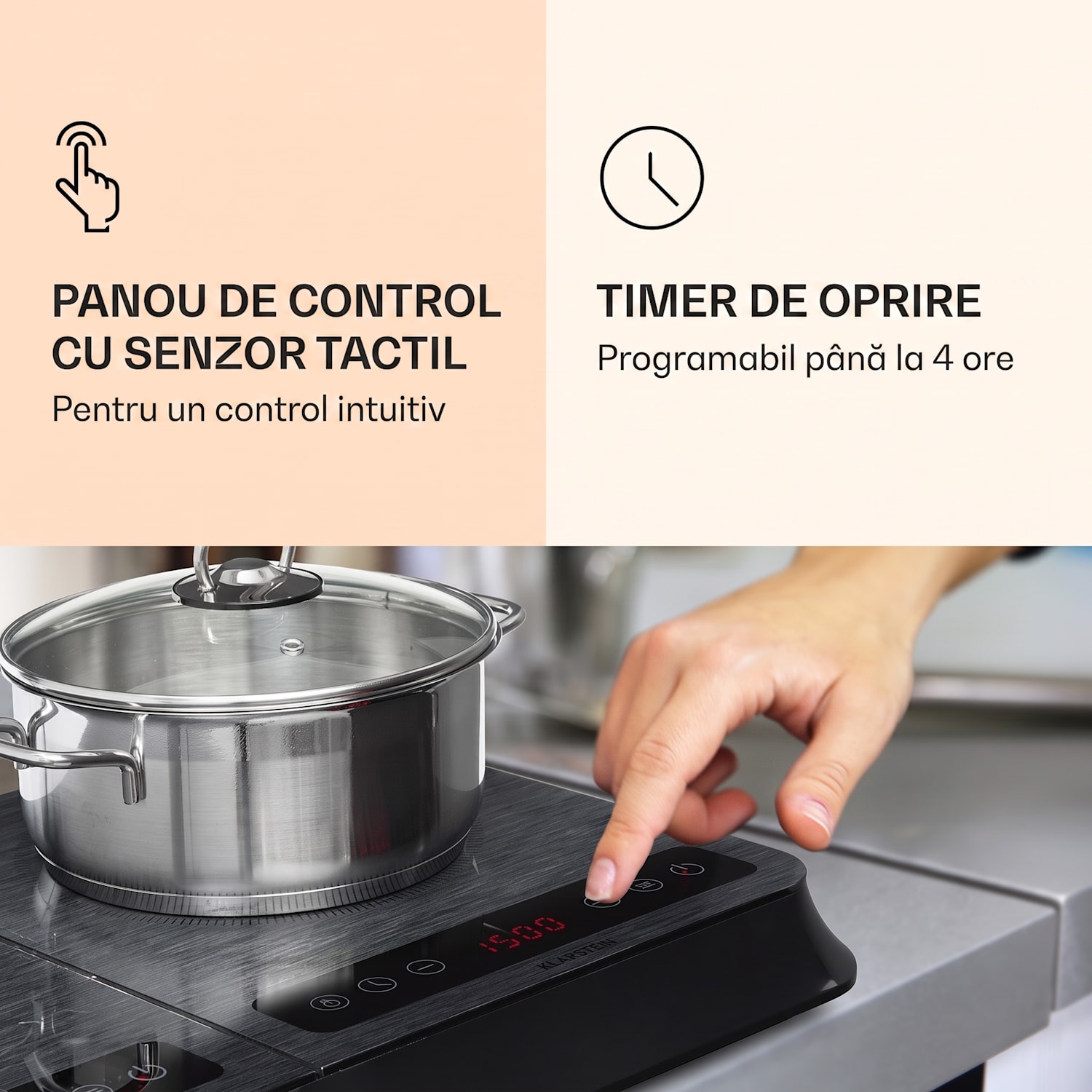 InnoChef, plită cu inducție, 3400 W, panou de control tactil, gri cu dungi Sticlă neagră