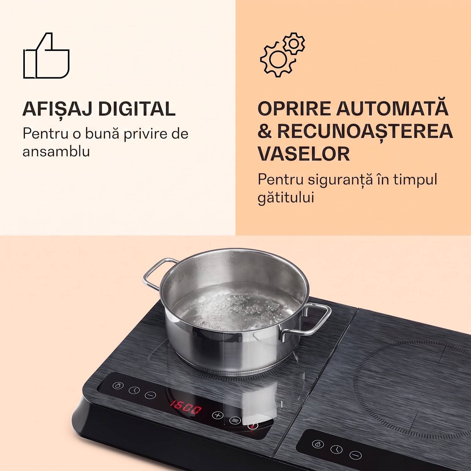 InnoChef, plită cu inducție, 3400 W, panou de control tactil, gri cu dungi Sticlă neagră
