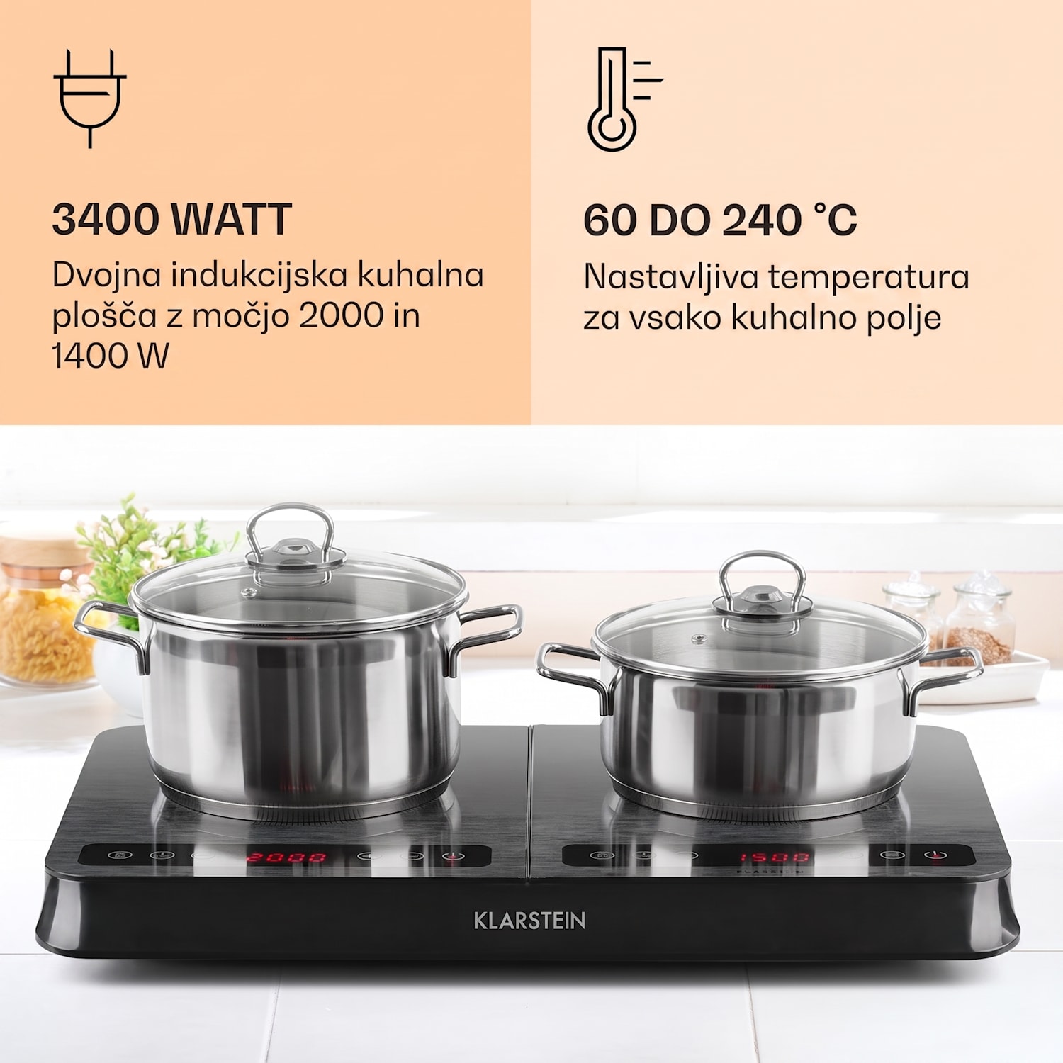 InnoChef, indukcijska kuhalna plošča, 3400 W, upravljalna plošča na dotik, siva Črno steklo