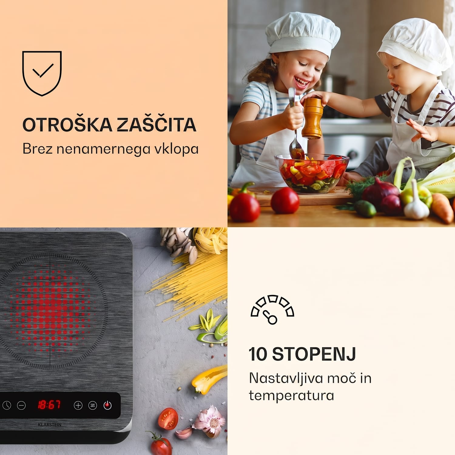 InnoChef, indukcijska kuhalna plošča, 3400 W, upravljalna plošča na dotik, siva Črno steklo