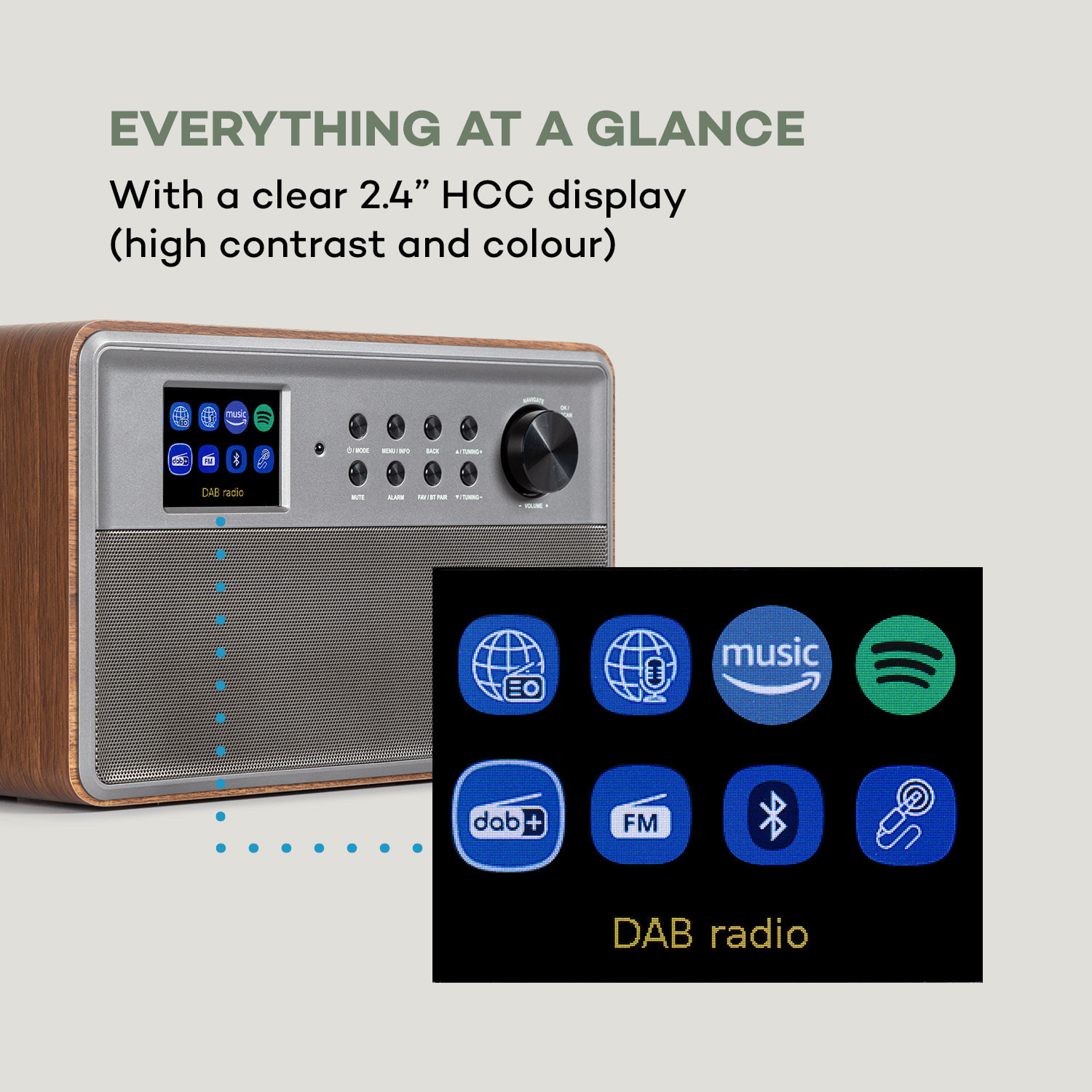 Connect Link, pametni radio, IR / DAB + / FM, Spotify, BT, 2,4 "HCC zaslon, drvo Tikovina