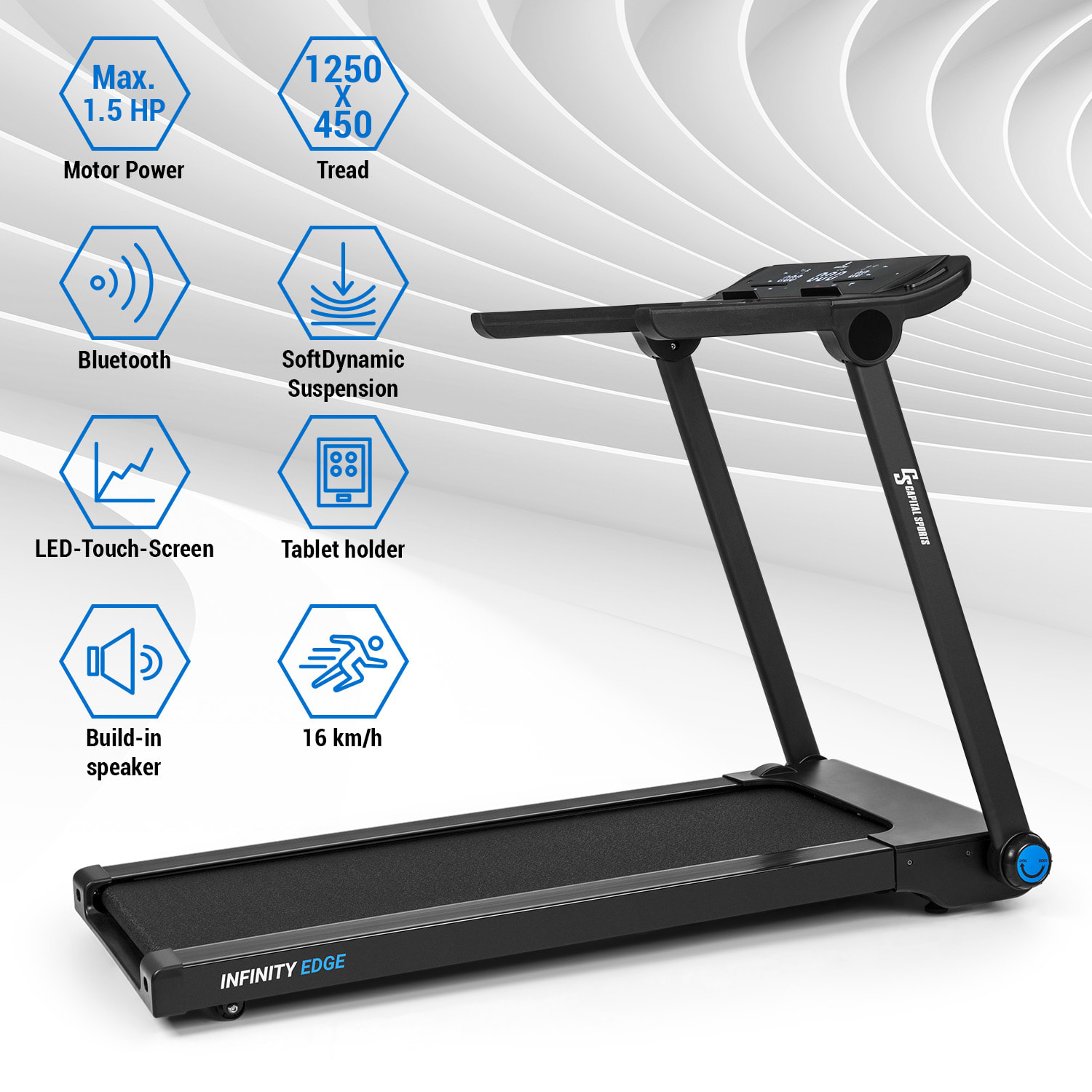 Infinity Edge, běžecký pás, 1,5 HP, Bluetooth, LED dotykový displej, černý 