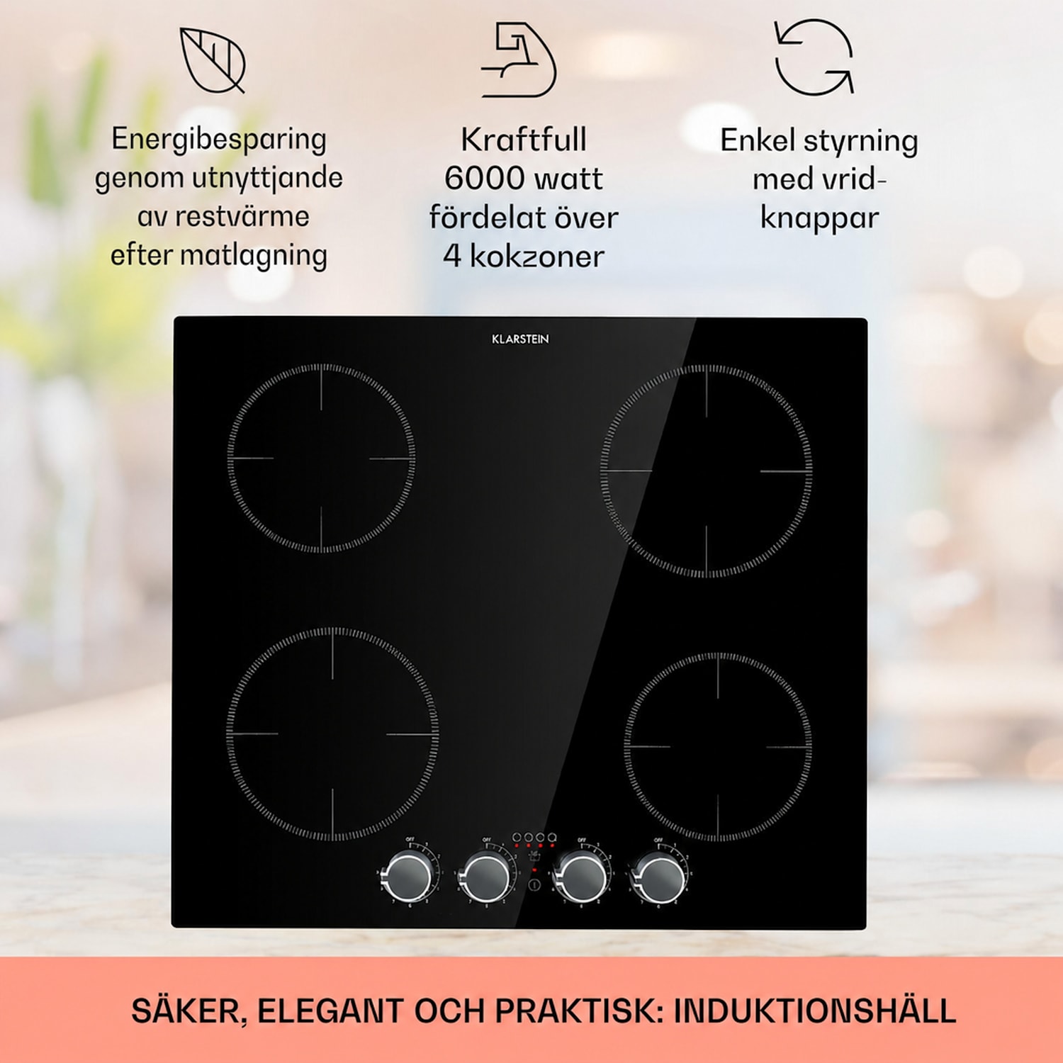 spishäll 4-zoner-induktionshäll 6000W vrid-reglering glas svart 