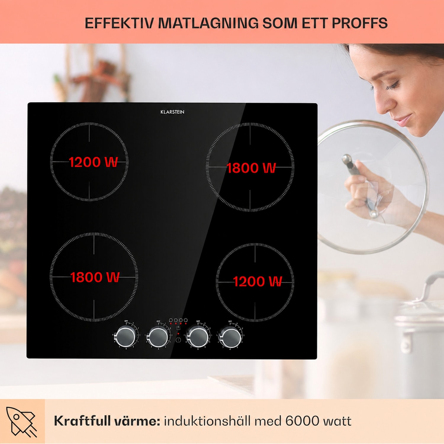 spishäll 4-zoner-induktionshäll 6000W vrid-reglering glas svart 