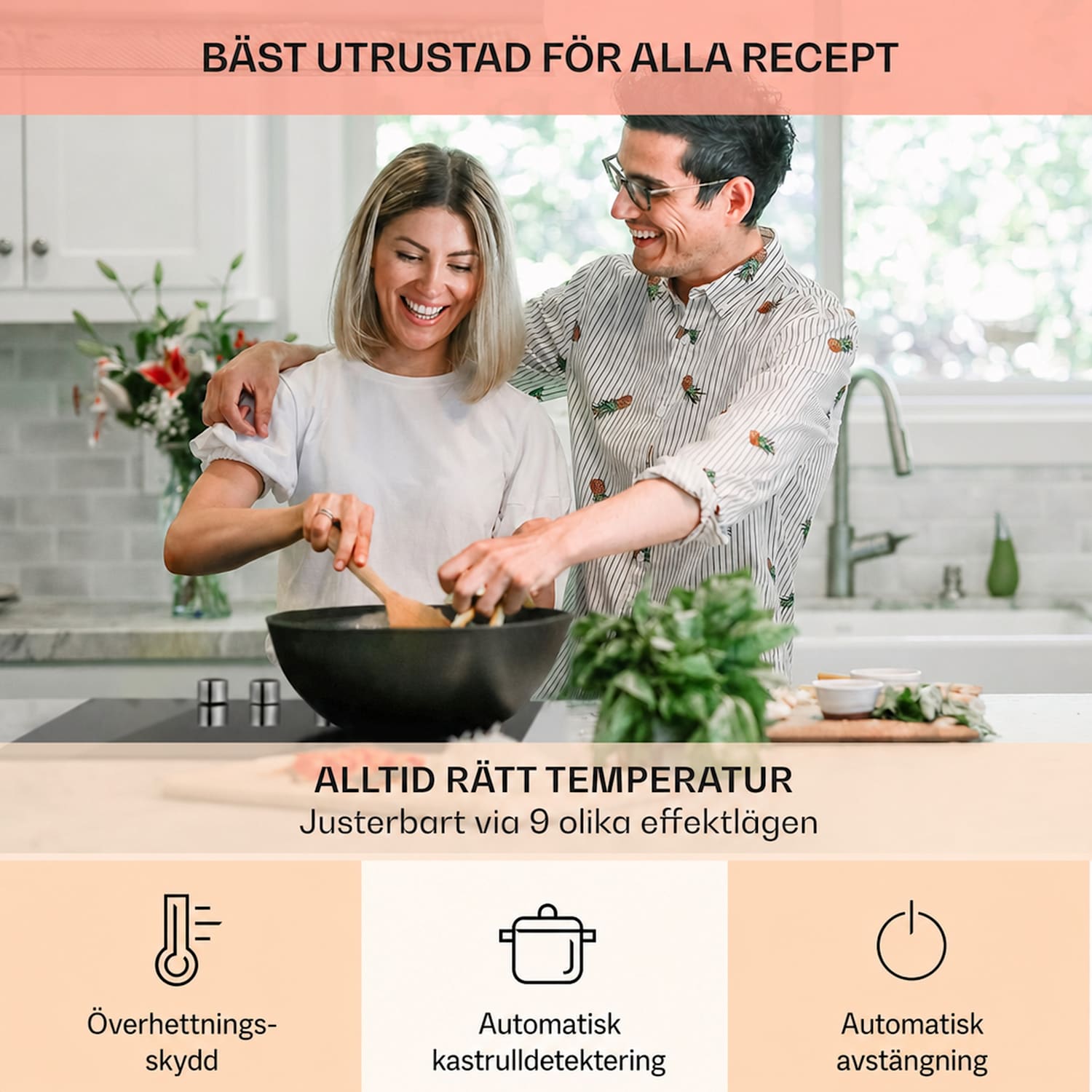 spishäll 4-zoner-induktionshäll 6000W vrid-reglering glas svart 